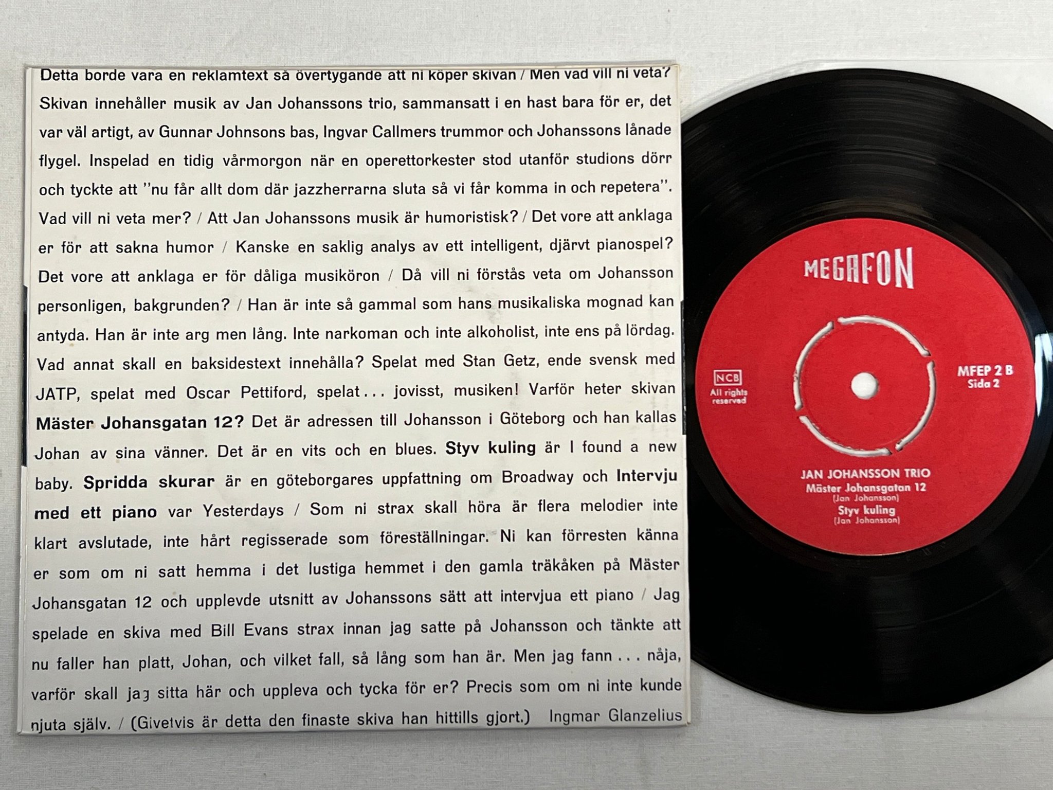 Omslagsbild för skivan JAN JOHANSSONS TRIO Mäster Johansgatan 7"single -60 MEGAFON MFEP 2