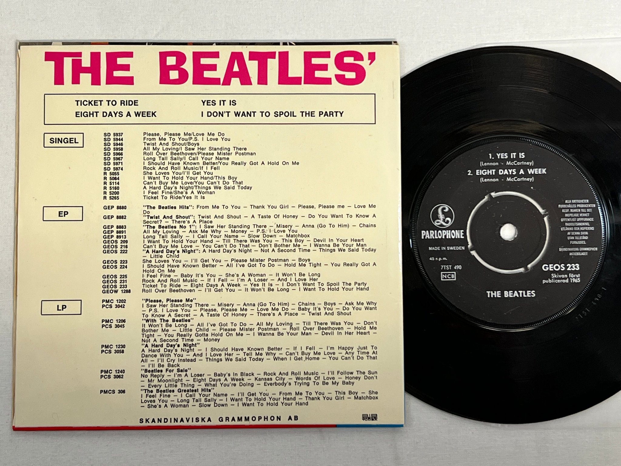 Omslagsbild för skivan THE BEATLES ticket to ride 7"ep Swe PARLOPHONE GEOS 233