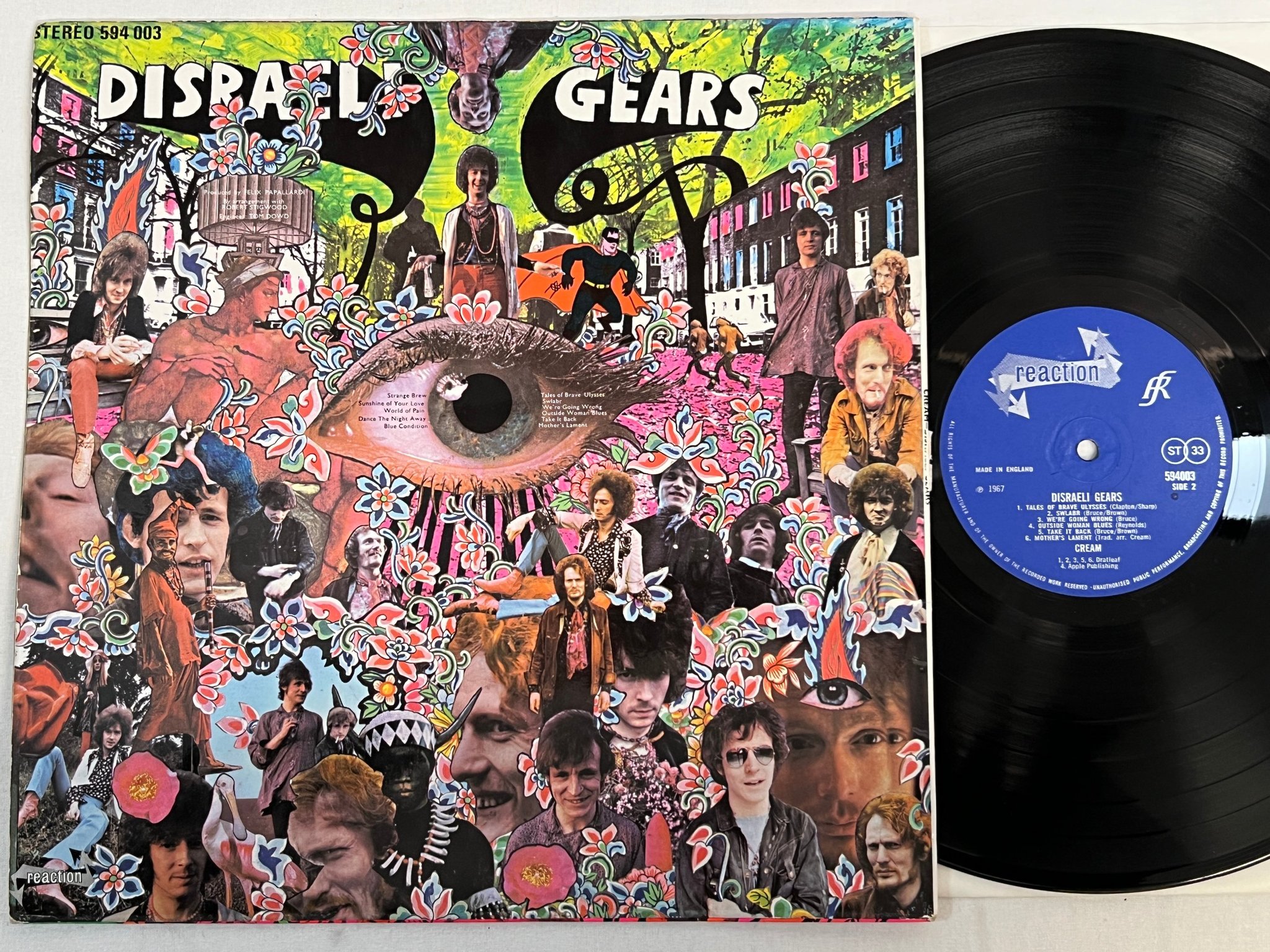 Omslagsbild för skivan CREAM disraeli gears LP -67 UK REACTION 594003 laminated on both sides ** YEAH *