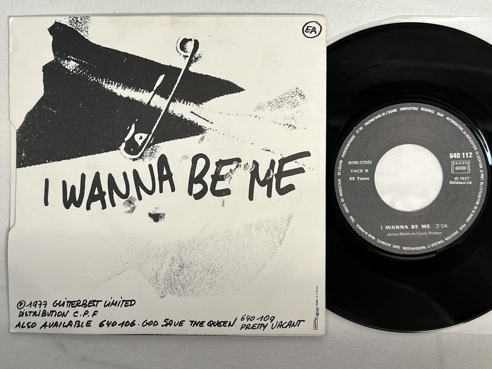 Omslagsbild för skivan SEX PISTOLS anarchy in the UK 7" -77 Fra 640112 "EA-code" 