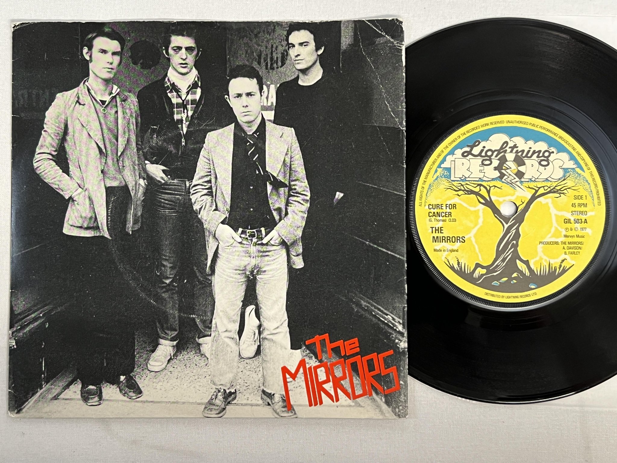 Omslagsbild för skivan THE MIRRORS cure for cancer 7" -77 UK LIGHTNING GIL 503 punk