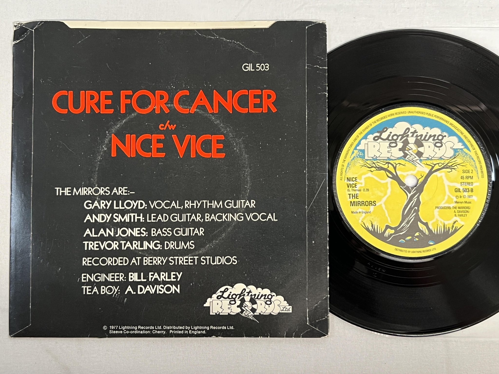 Omslagsbild för skivan THE MIRRORS cure for cancer 7" -77 UK LIGHTNING GIL 503 punk