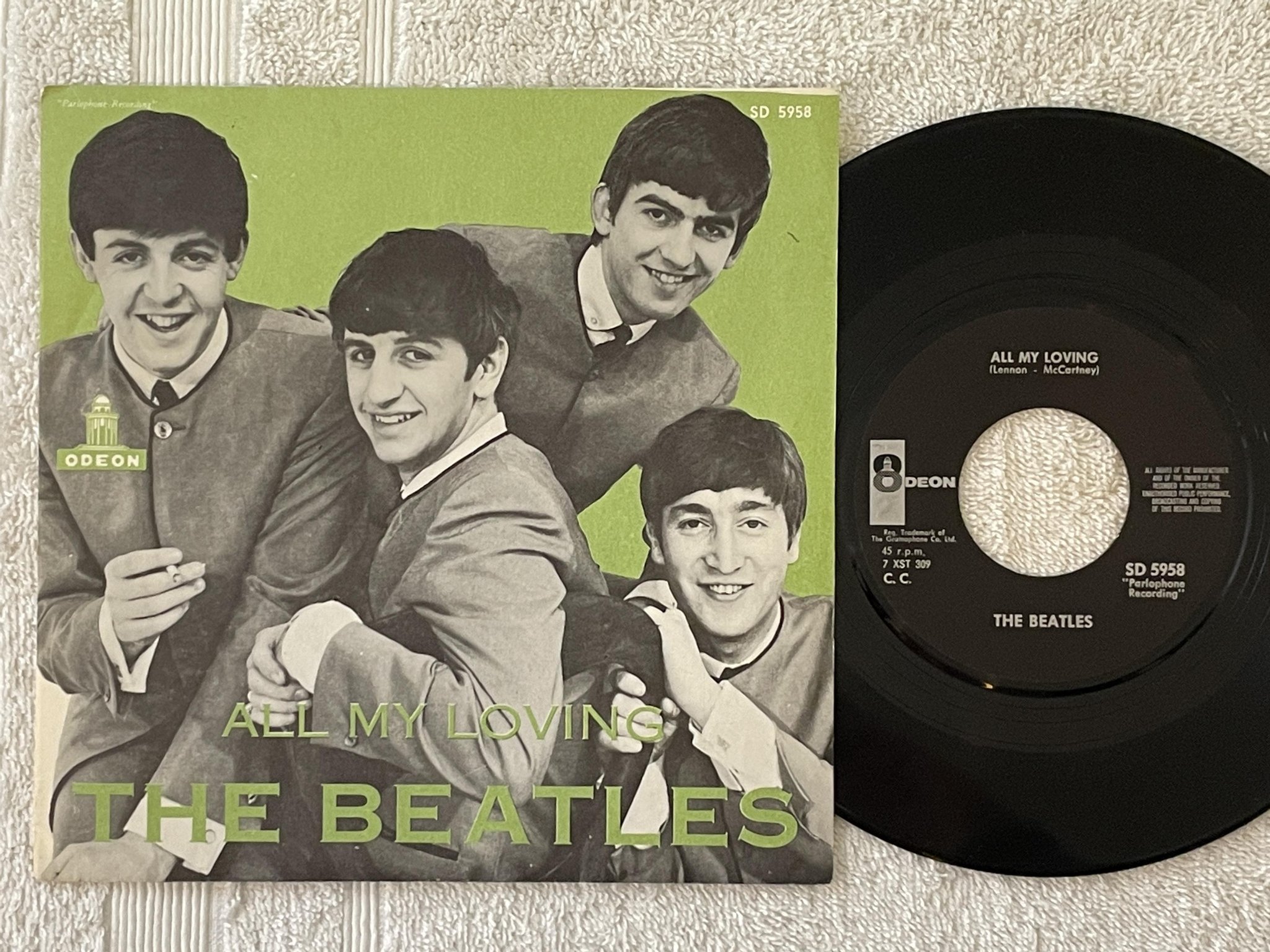 Omslagsbild för skivan THE BEATLES all my loving 7" -69 Swe ODEON SD 5954 "ALL RIGHTS" large hole RARE!