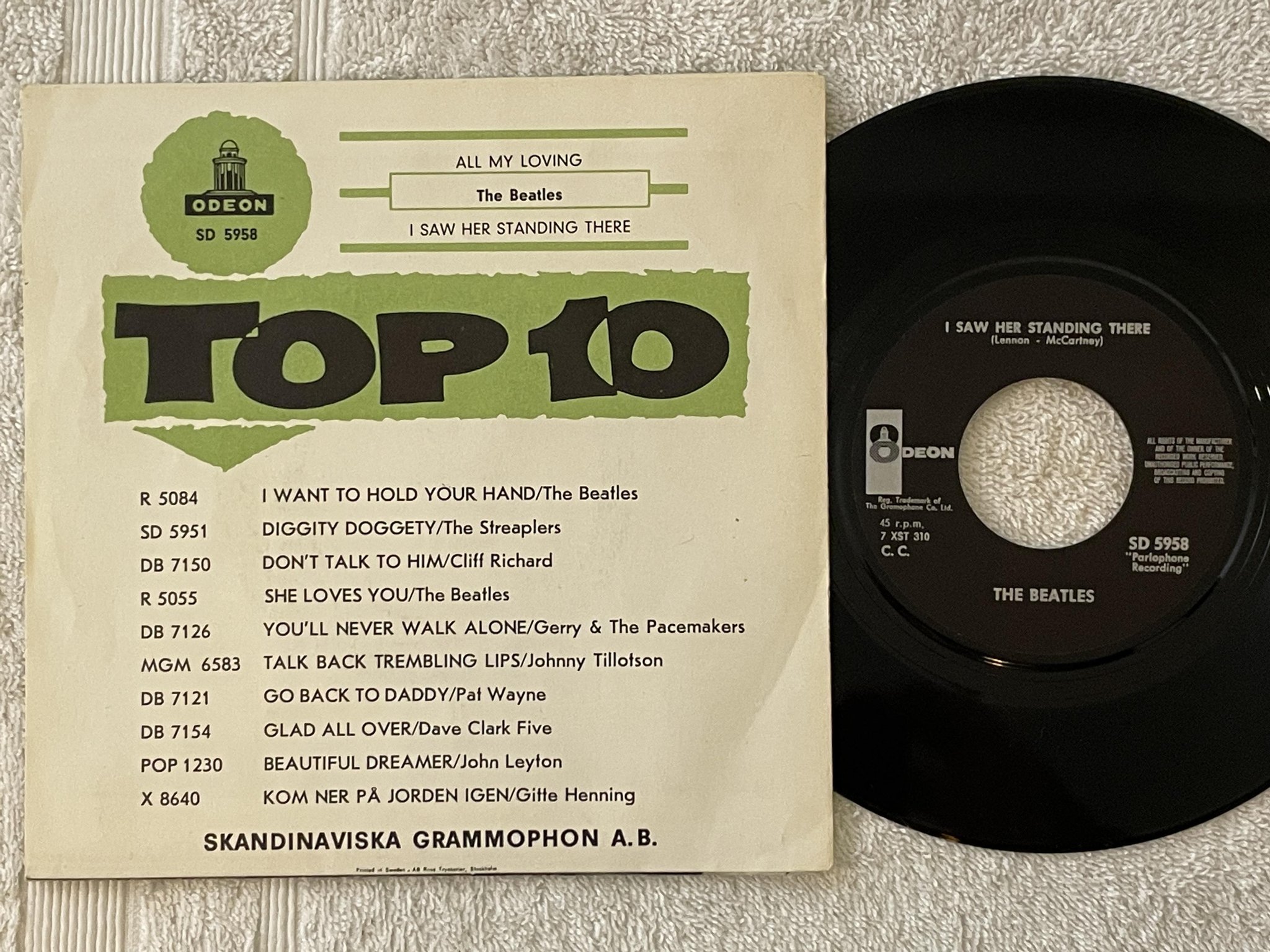 Omslagsbild för skivan THE BEATLES all my loving 7" -69 Swe ODEON SD 5954 "ALL RIGHTS" large hole RARE!