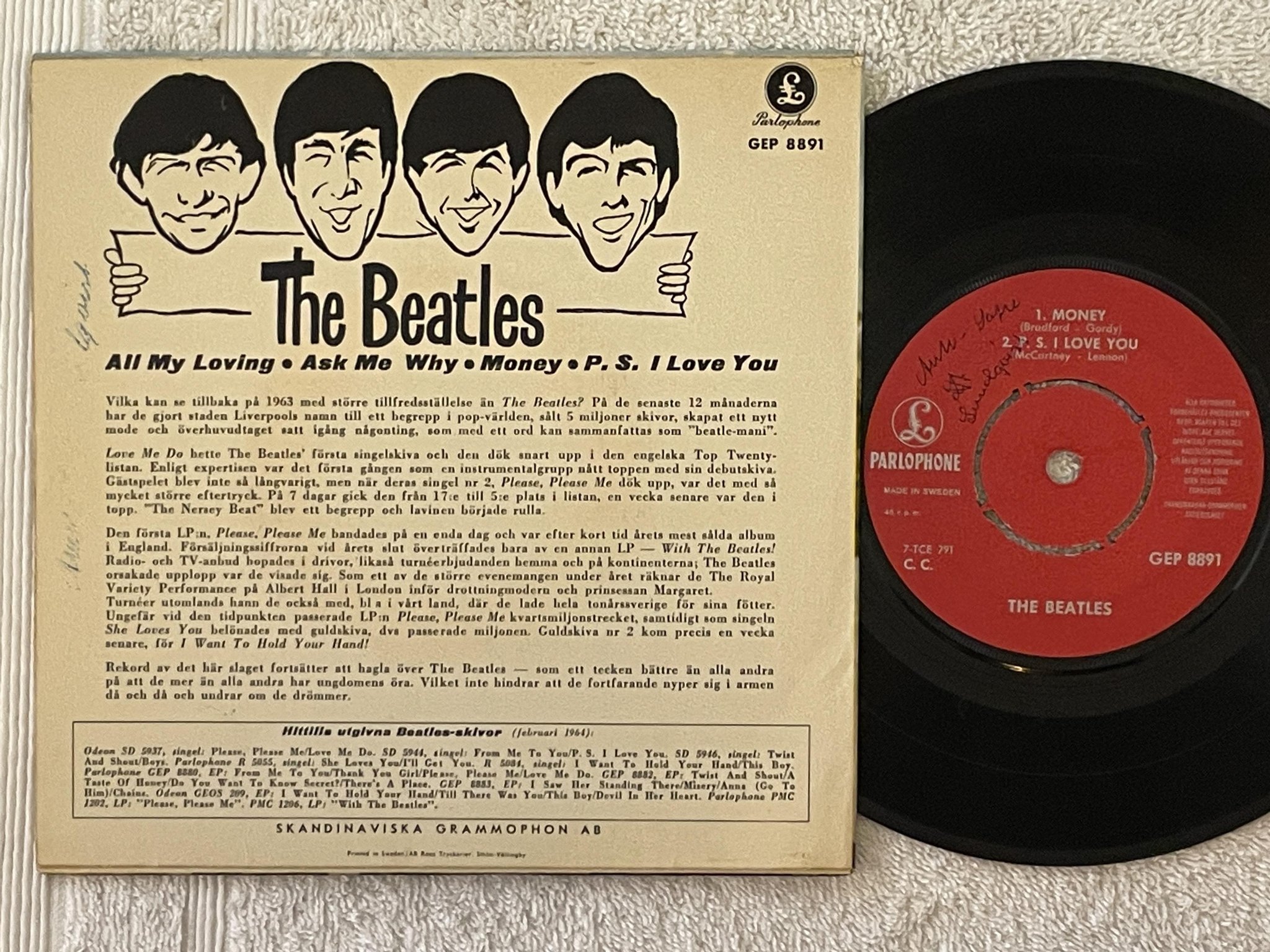 Omslagsbild för skivan THE BEATLES all my loving 7"ep -64 Swe PARLOPHONE GEP 8891 ** mega rare **