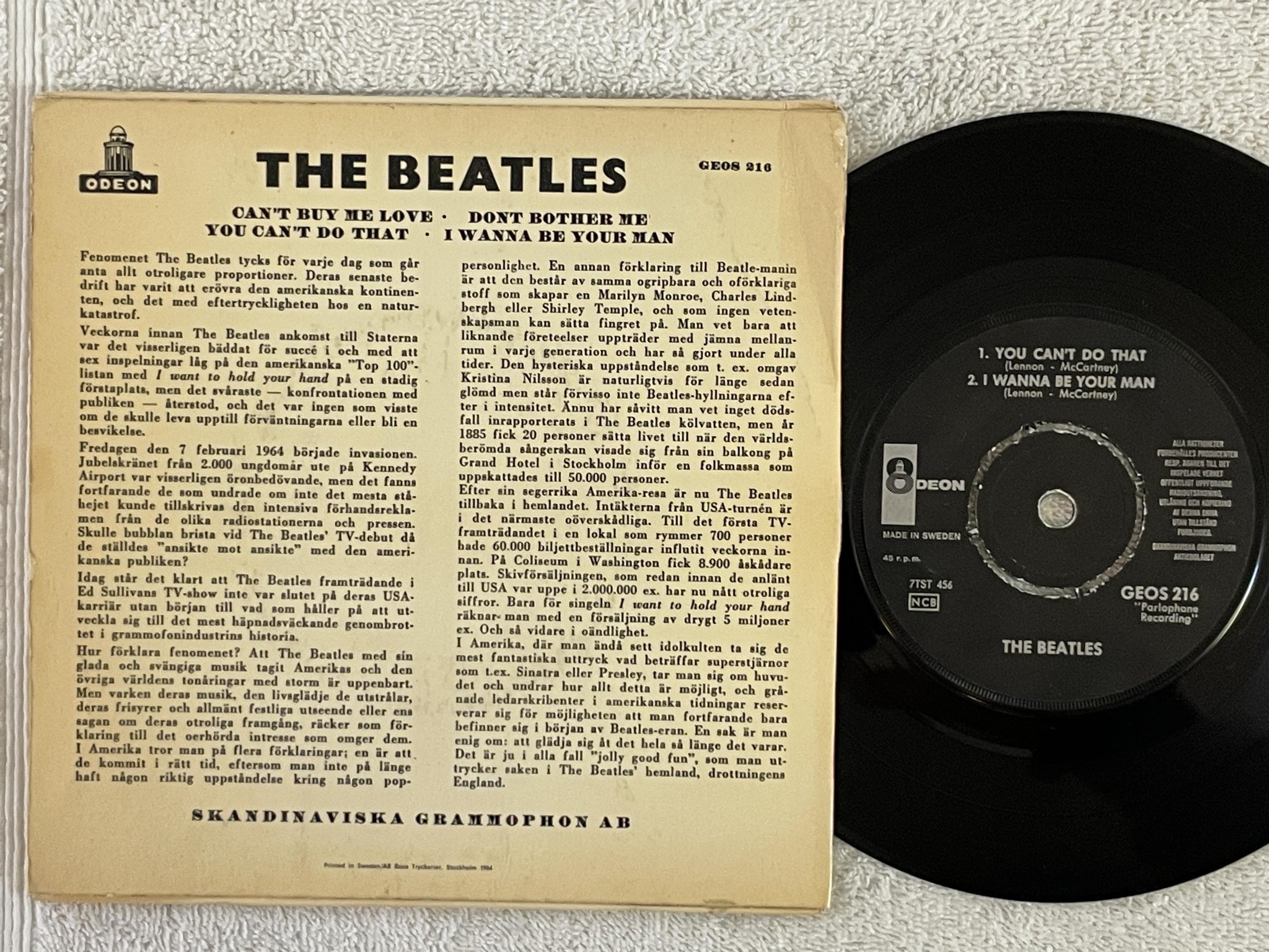 Omslagsbild för skivan THE BEATLES can't buy me love 7"ep -64 Swe ODEON GEOS 216