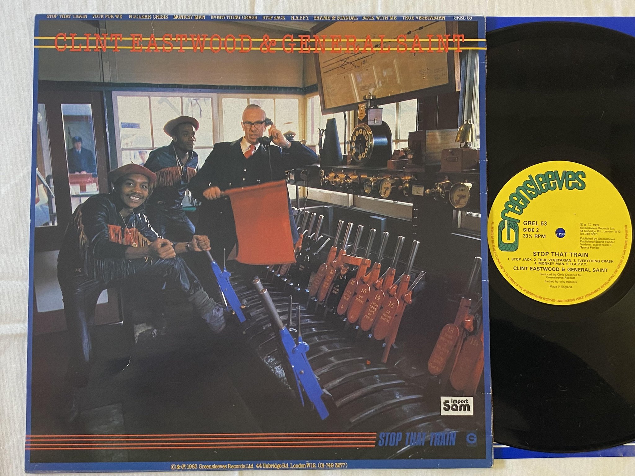 Omslagsbild för skivan CLINT EASTWOOD & GENERAL SAINT stop that t  LP -83 GREENSLEEVES GREL 53