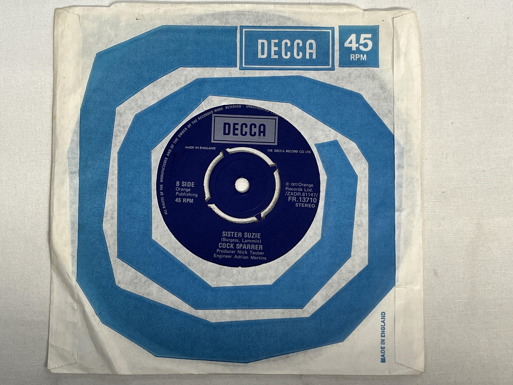 Omslagsbild för skivan COCK SPARRER runnin' riot 7" -77 UK DECCA FR 13710 ** rare punk **