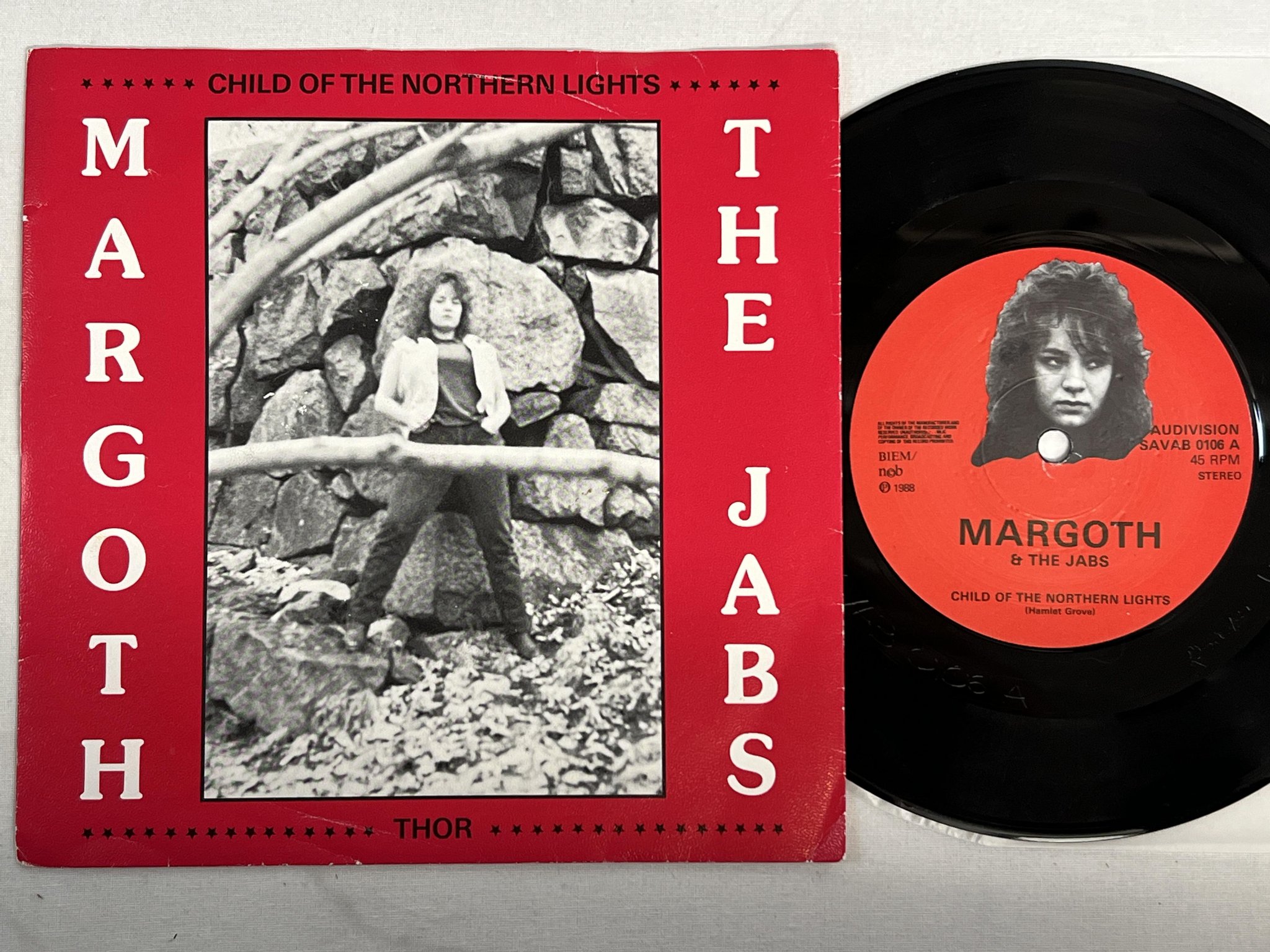 Omslagsbild för skivan MARGOTH & THE JABS Child Of The Northern Lights 7" -88 Swe AUDIVISION metal 