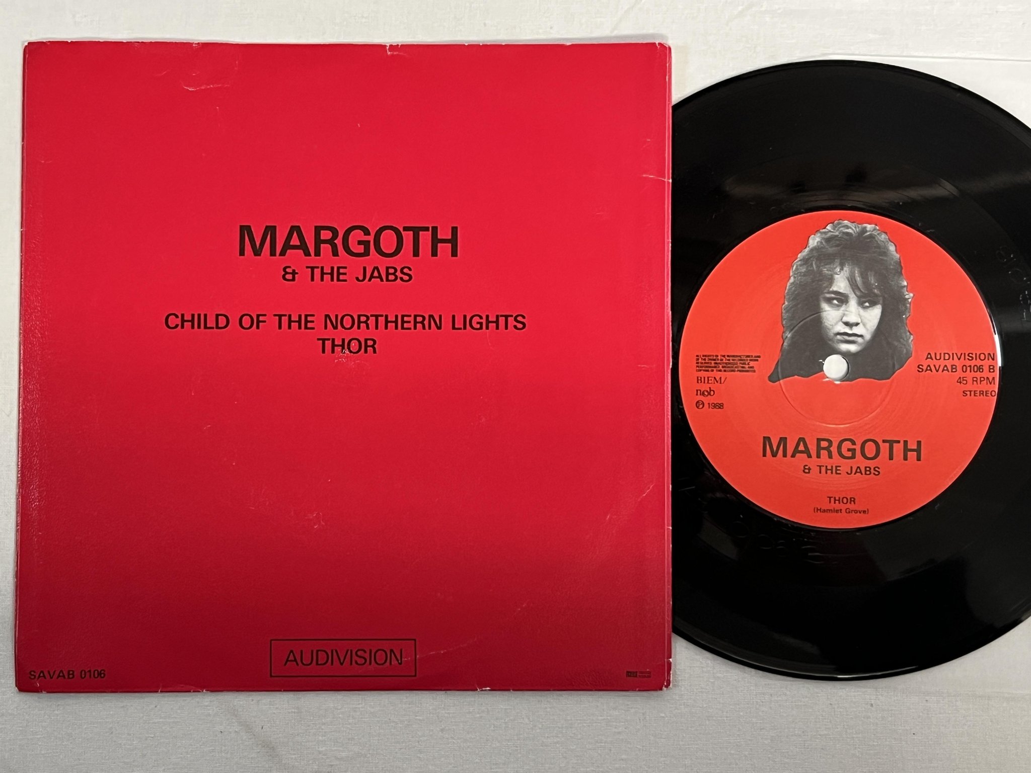 Omslagsbild för skivan MARGOTH & THE JABS Child Of The Northern Lights 7" -88 Swe AUDIVISION metal 