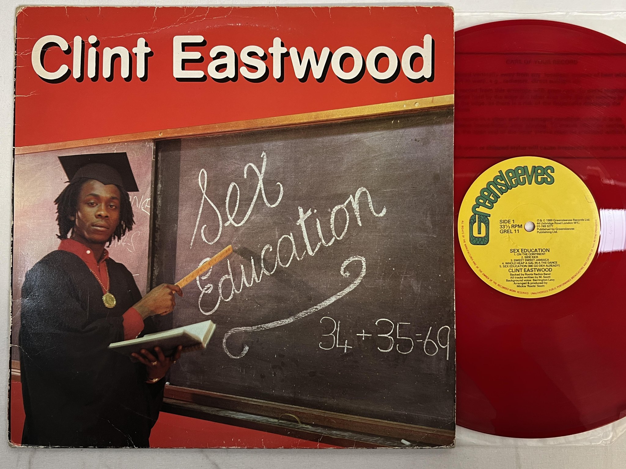 Omslagsbild för skivan CLINT EASTWOOD sex education LP -80 UK GREENSLEEVES GREL 11 