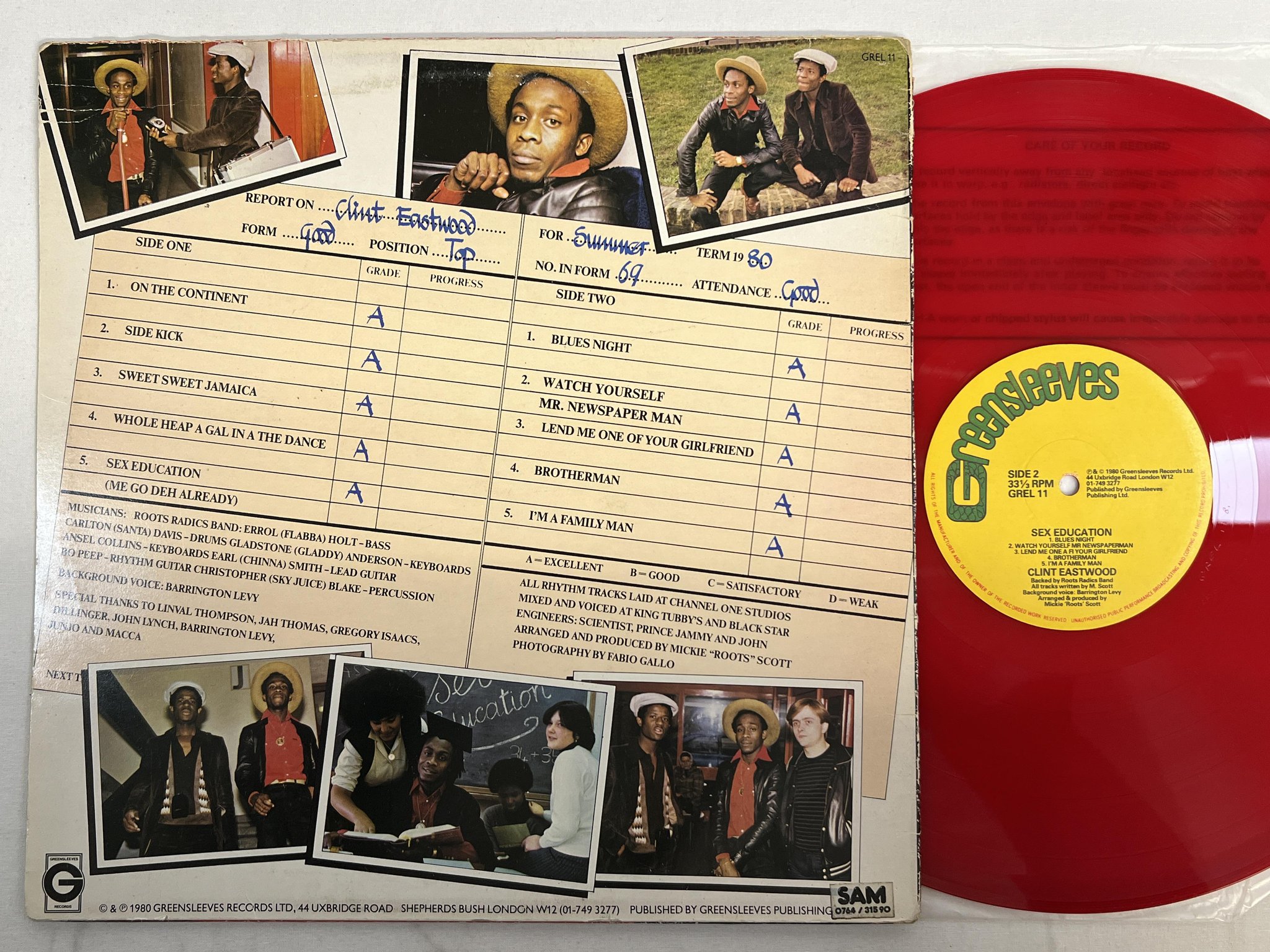 Omslagsbild för skivan CLINT EASTWOOD sex education LP -80 UK GREENSLEEVES GREL 11 