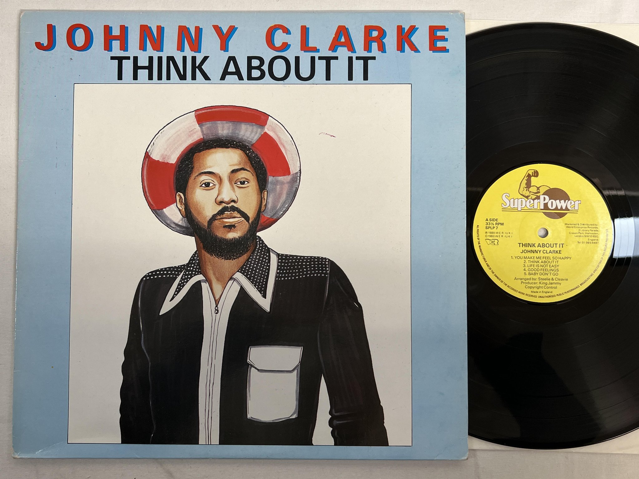 Omslagsbild för skivan JOHNNY CLARKE think about it LP -88 UK super power SPLP 7