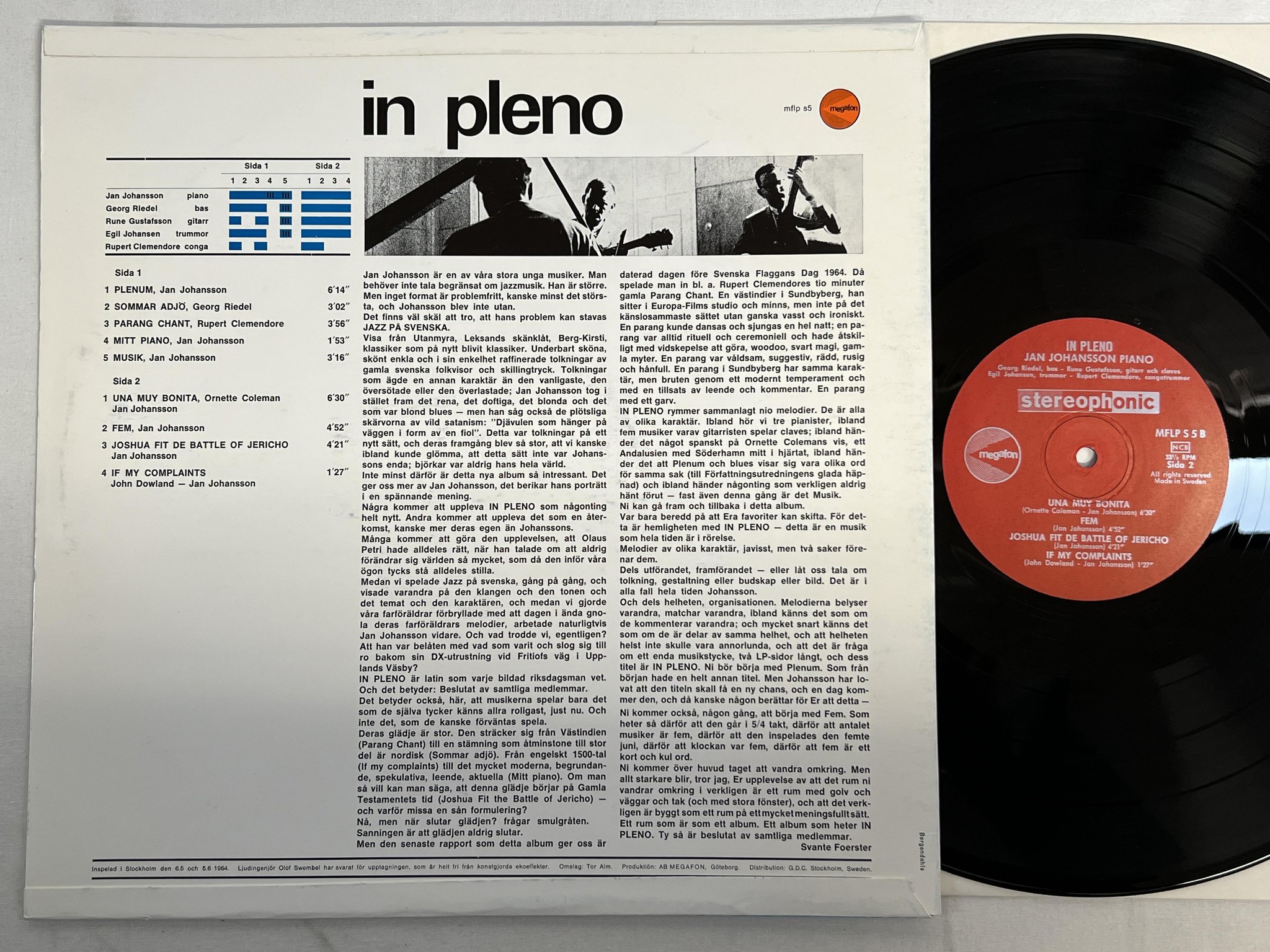 Omslagsbild för skivan JAN JOHANSSON in pleno LP -64 Swe MEGAFON MFLP S5