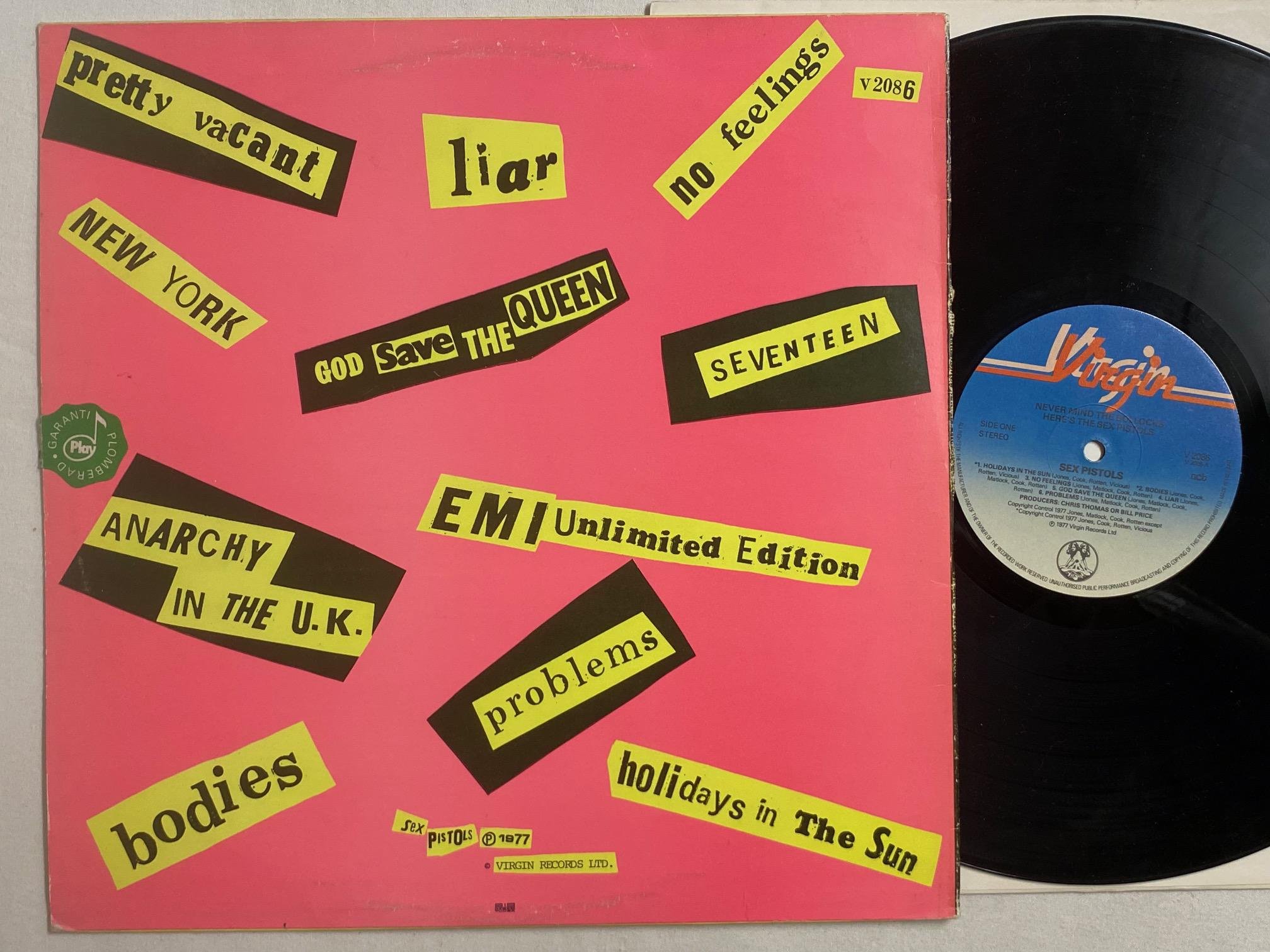 Omslagsbild för skivan SEX PISTOLS never mind the bollocks LP ncb VIRGIN V2086