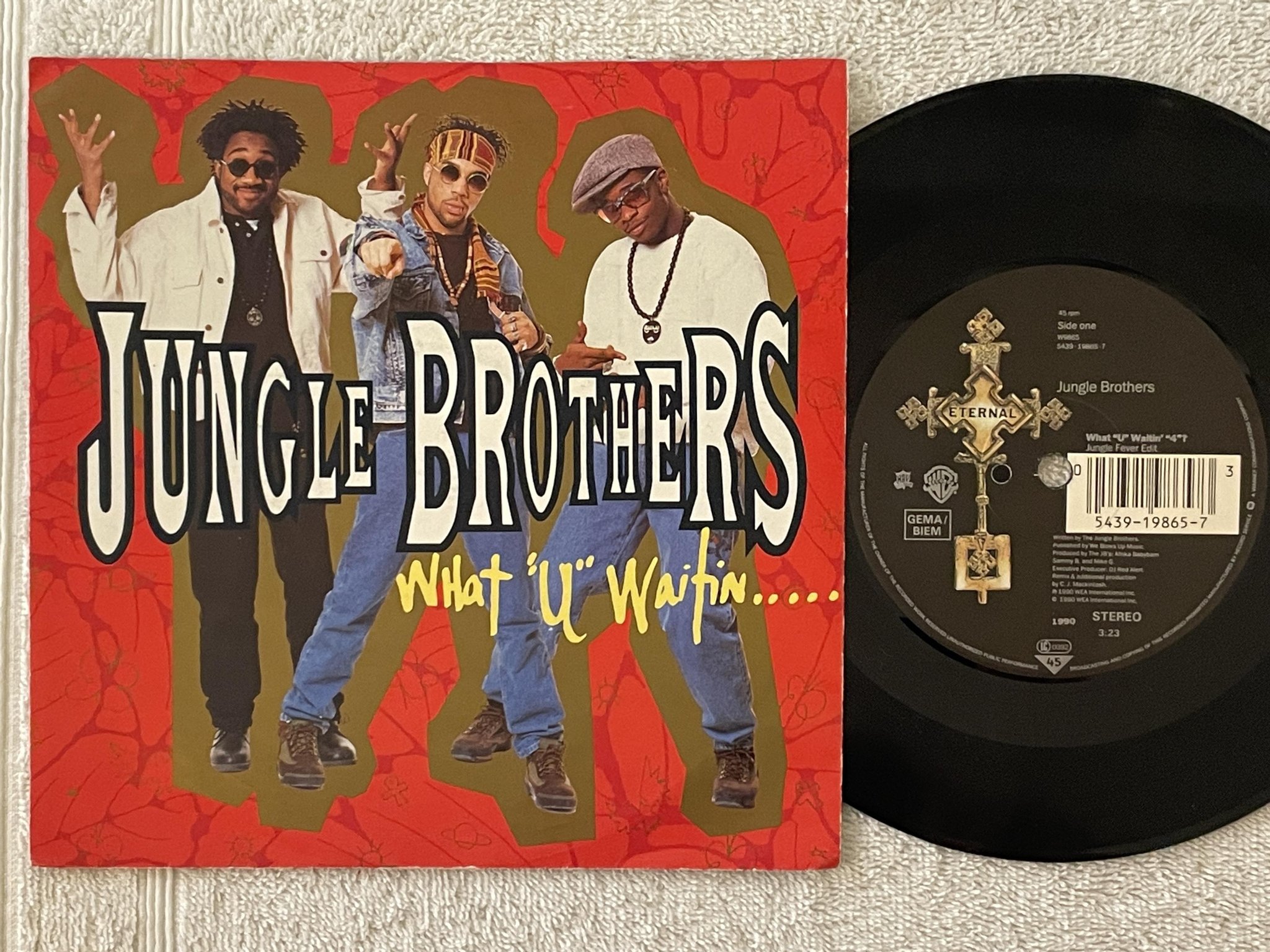 Omslagsbild för skivan JUNGLE BROTHERS what u waitin' 4 7"single -90 Ger WARNER W 9865
