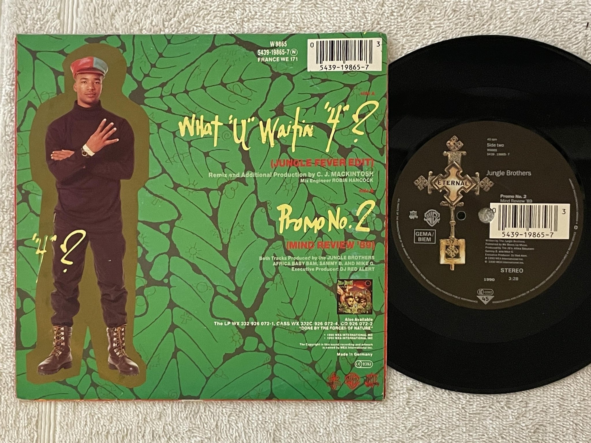 Omslagsbild för skivan JUNGLE BROTHERS what u waitin' 4 7"single -90 Ger WARNER W 9865