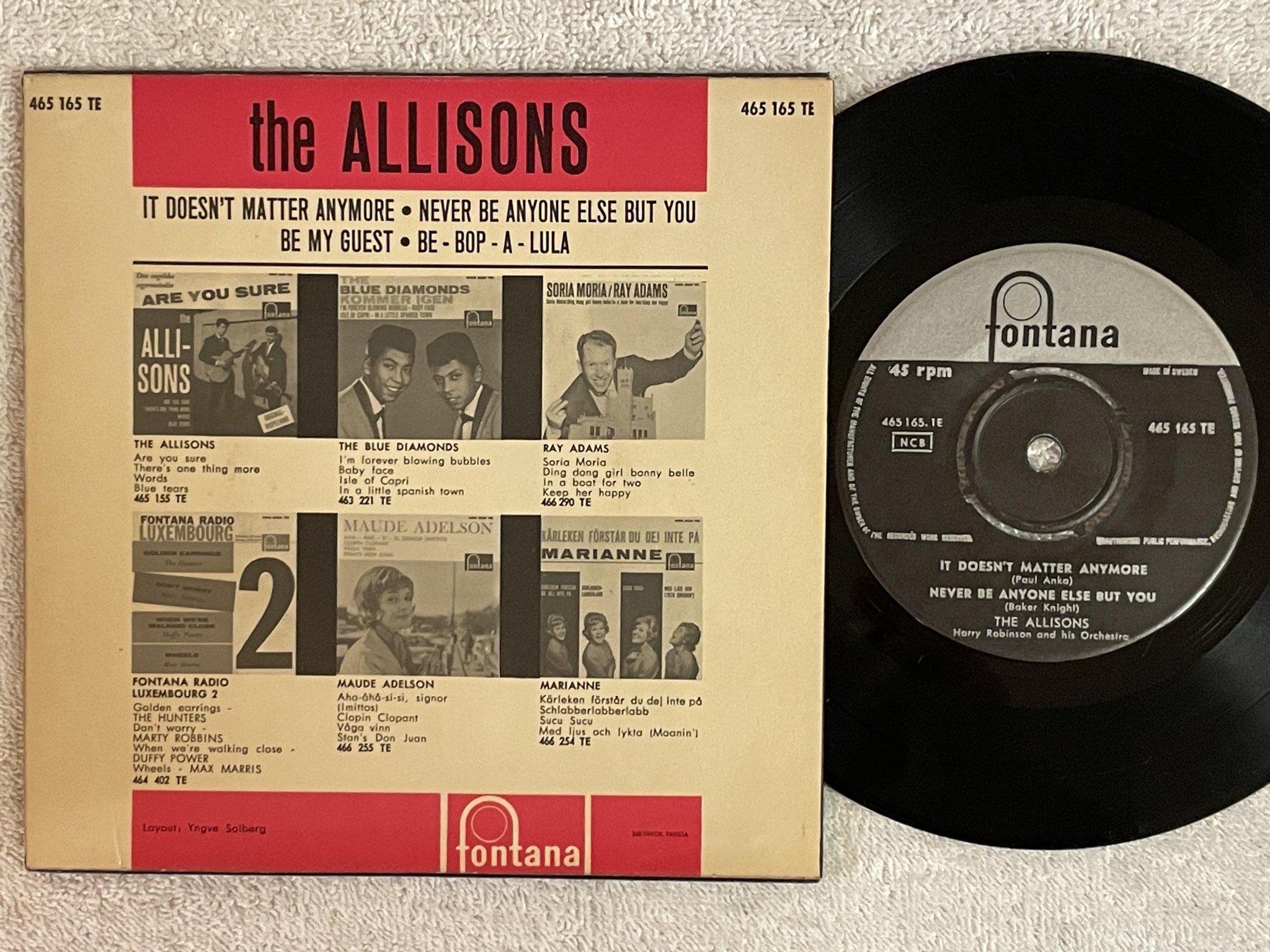 Omslagsbild för skivan THE ALLISONS It Doesn't Matter Anymore 7"ep -61 Swe FONTANA 465165 TE