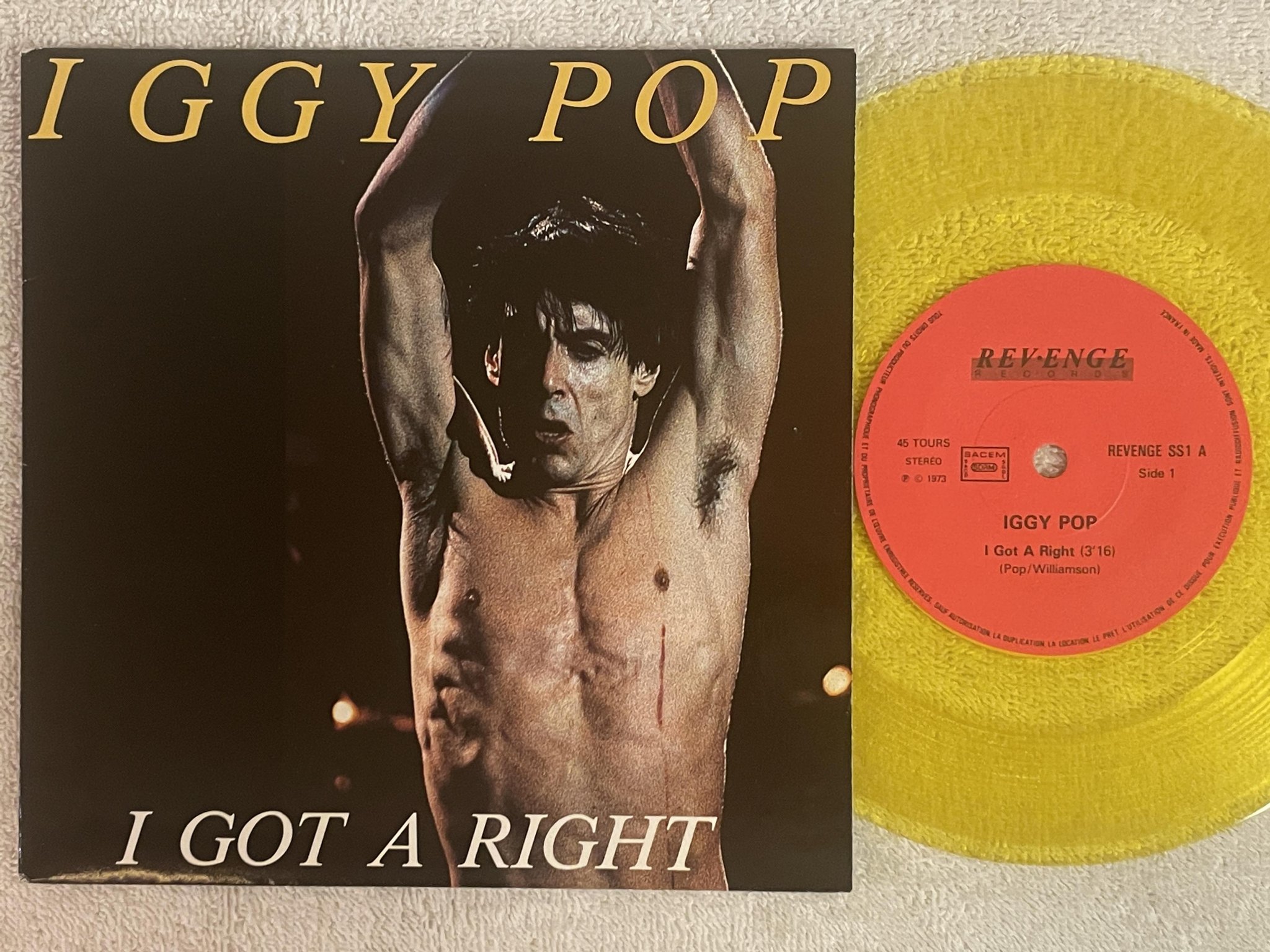 Omslagsbild för skivan IGGY POP I Got A Right  7"single  Fra REVENGE SS1 yellow vinyl