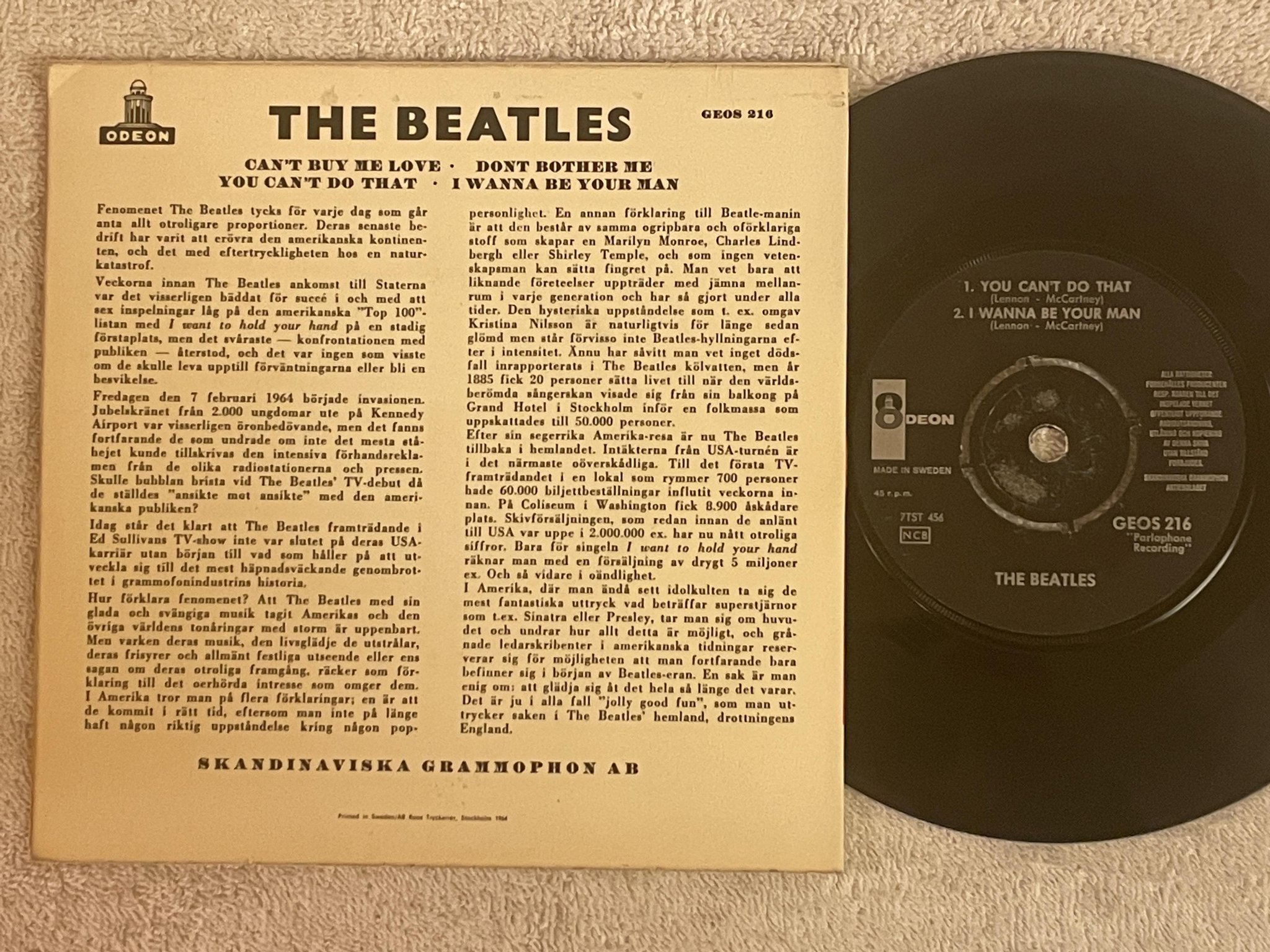 Omslagsbild för skivan THE BEATLES can't buy me love EP Swe ODEON GEOS 216