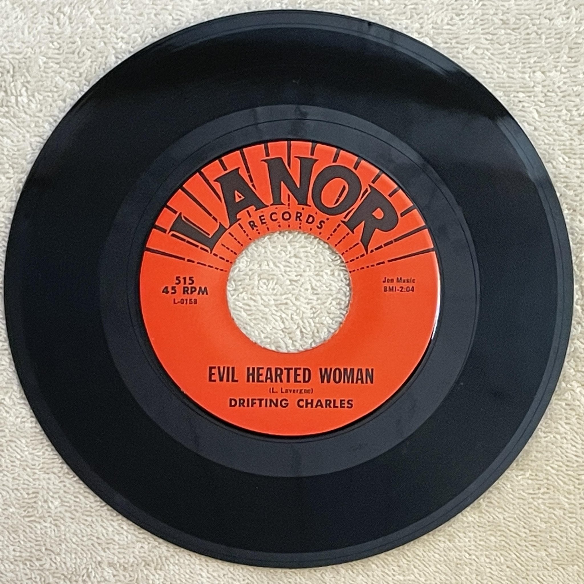 Omslagsbild för skivan DRIFTING CHARLES evil hearted woman 7"single  US LANOR 515 rhythm & blues