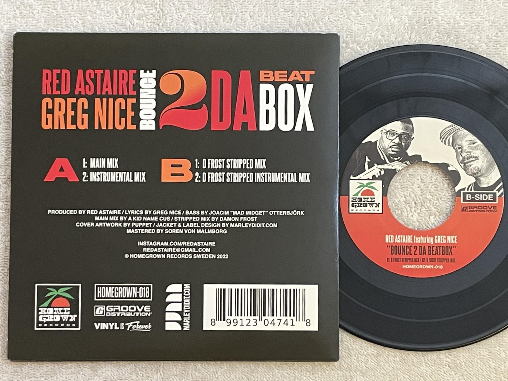 Omslagsbild för skivan RED ASTAIRE feat GREG NICE bounce 2 da beatbox 7" HOME GROWN 2022 ** BLESS **
