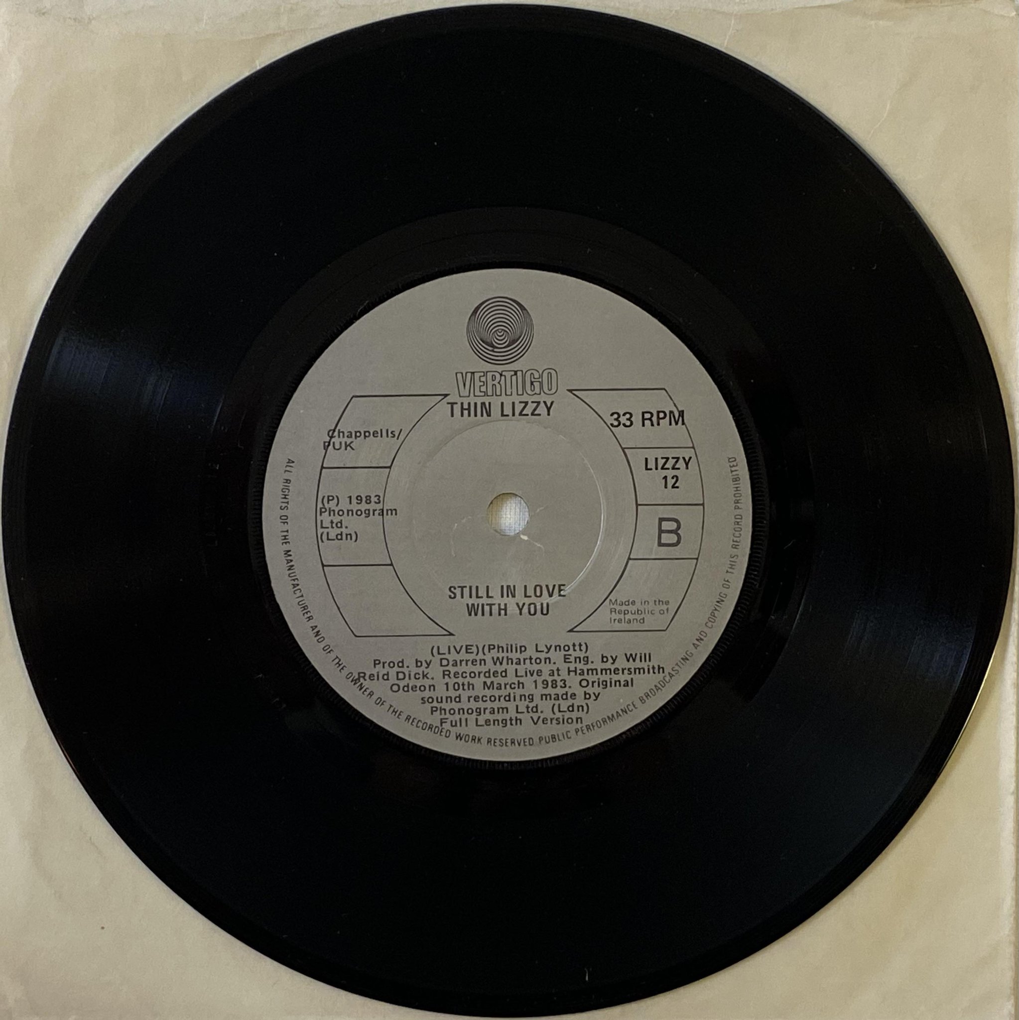 Omslagsbild för skivan THIN LIZZY Thunder & Lighting 7"single -83 Ireland VERTIGO LIZZY-12 ** rare **