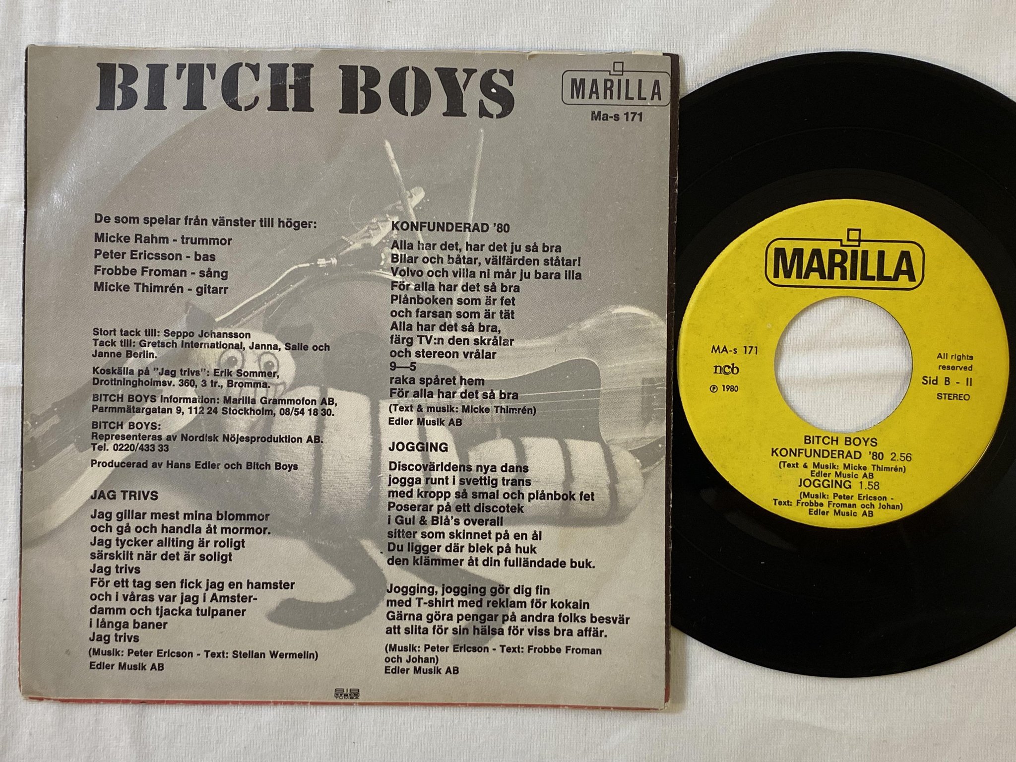 Omslagsbild för skivan BITCH BOYS Jag Trivs 7"single -80 Swe MARILLA MA-s 171 punk