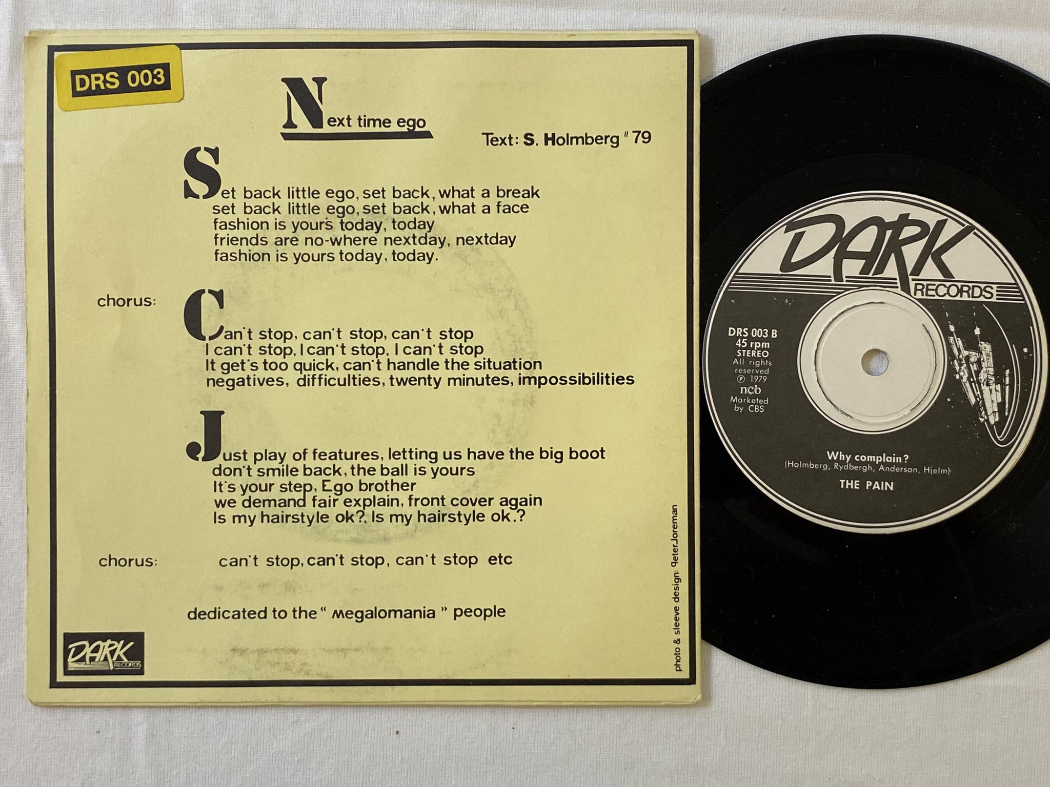 Omslagsbild för skivan THE PAIN Next Time Ego 7"single -79 Swe DARK RECORDS DRS 003