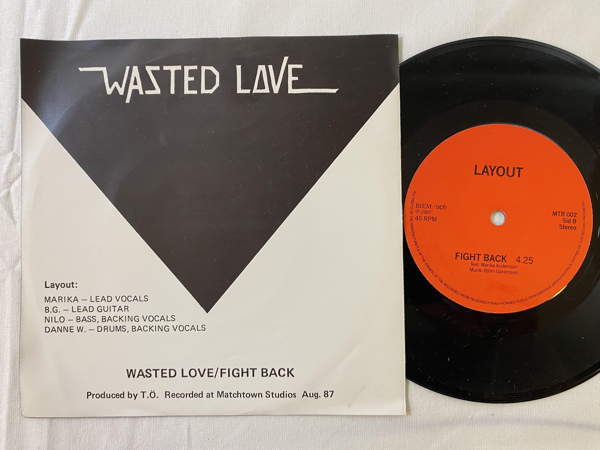 Omslagsbild för skivan LAYOUT wasted love 7"single -87 Swe private press ** MEGA RARE METAL **