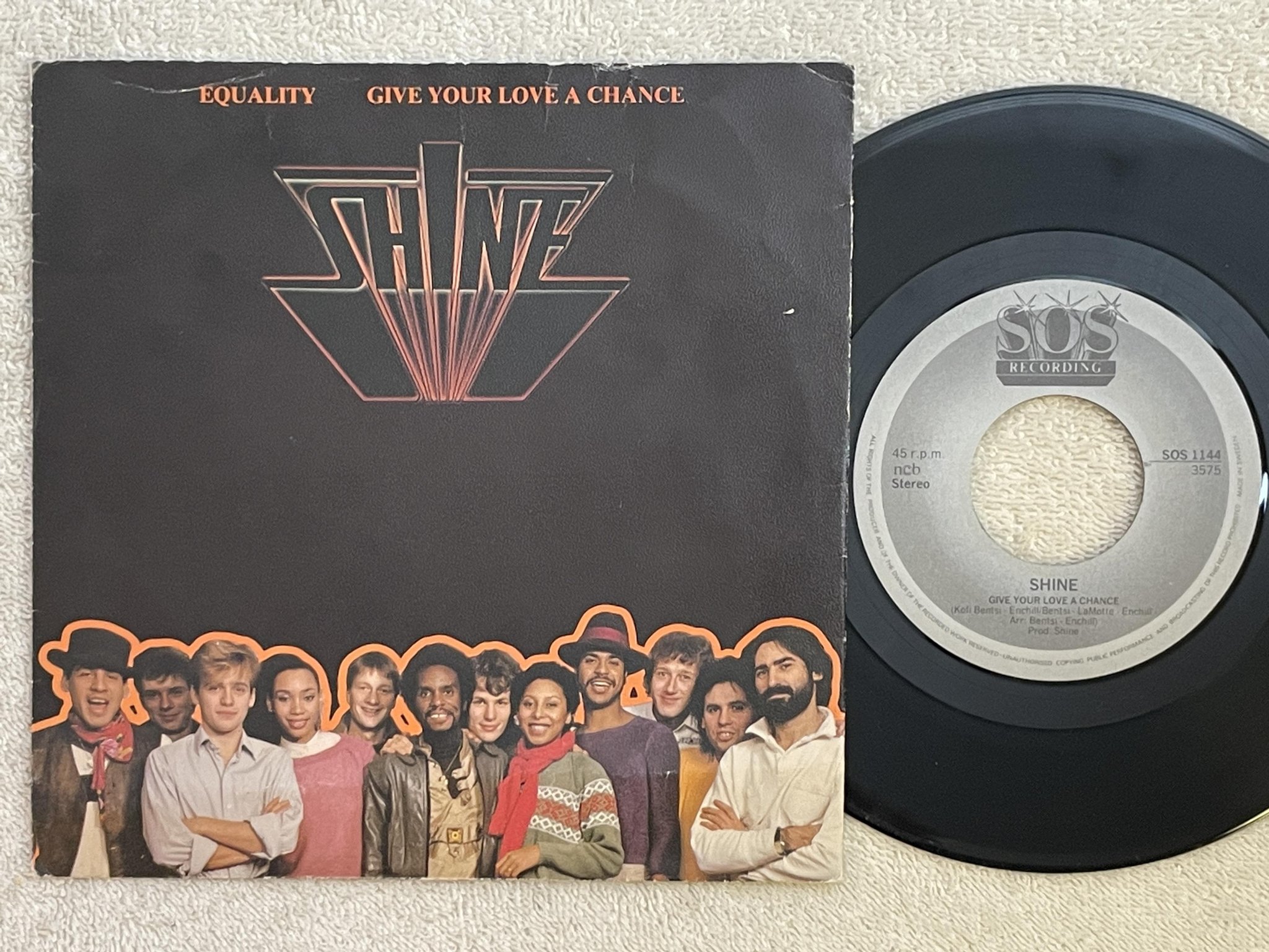 Omslagsbild för skivan SHINE Give Your Love A Chance 7"single -83 SOS 1144 swedish boogie