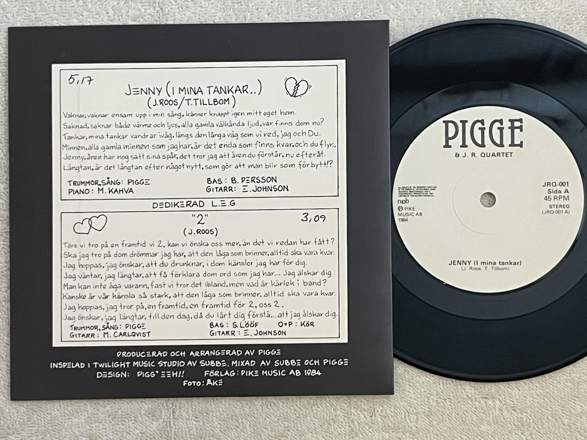 Omslagsbild för skivan PIGGE jenny ( i mina tankar ) 7"single -84 Swe private press JRQ-001