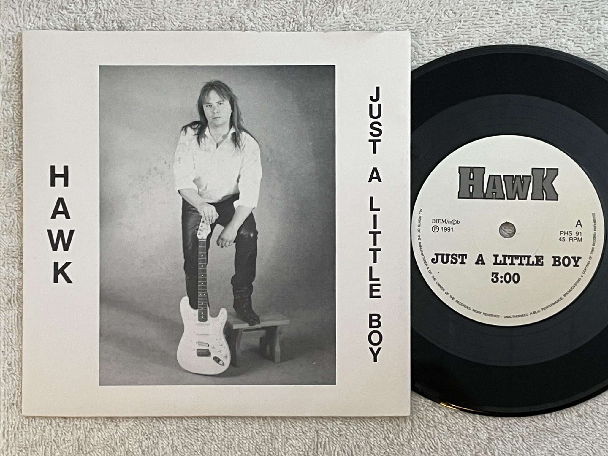 Omslagsbild för skivan HAWK just a little boy 7"single -91 Swe private press HARD ROCK 