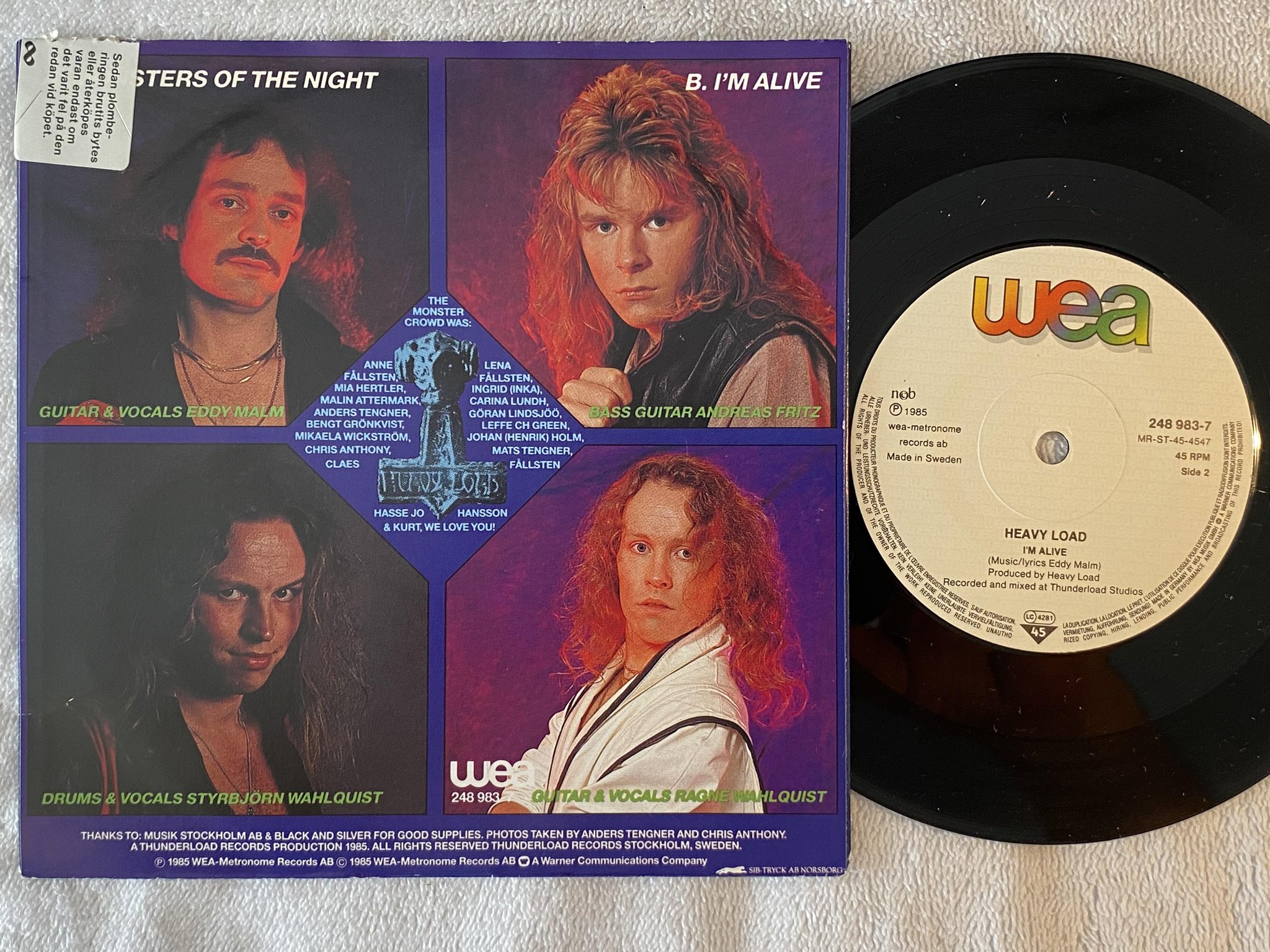 Omslagsbild för skivan HEAVY LOAD I'm alive  7"single -85 Swe WEA 248 983-7