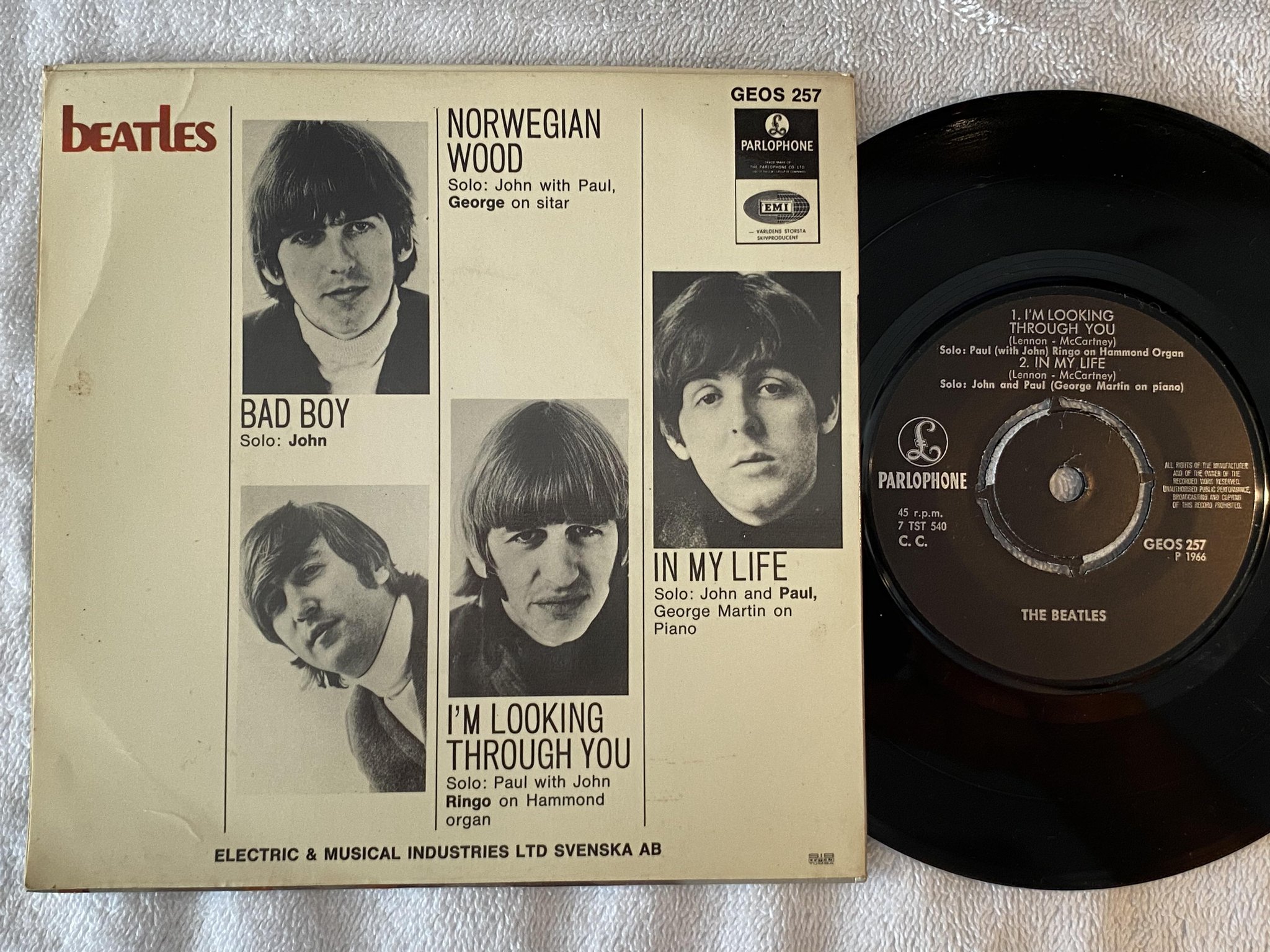 Omslagsbild för skivan THE BEATLES bad boy 7"ep -66 Swe PARLOPHONE GEOS 257 "ALL RIGHTS..."