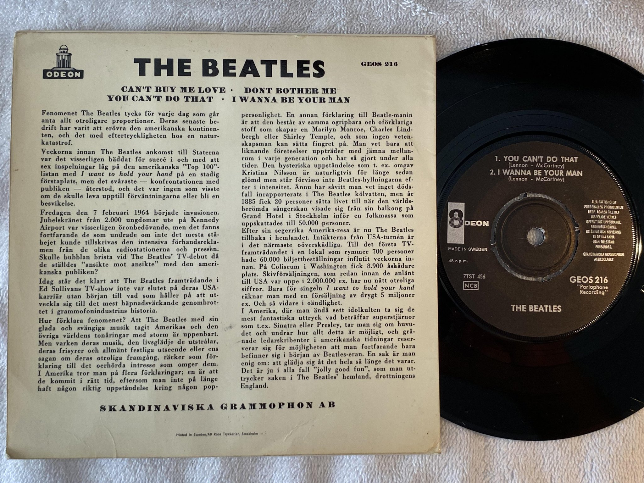 Omslagsbild för skivan THE BEATLES can't buy me love  7"ep  Swe ODEON GEOS 216 "alla rättigheter..."