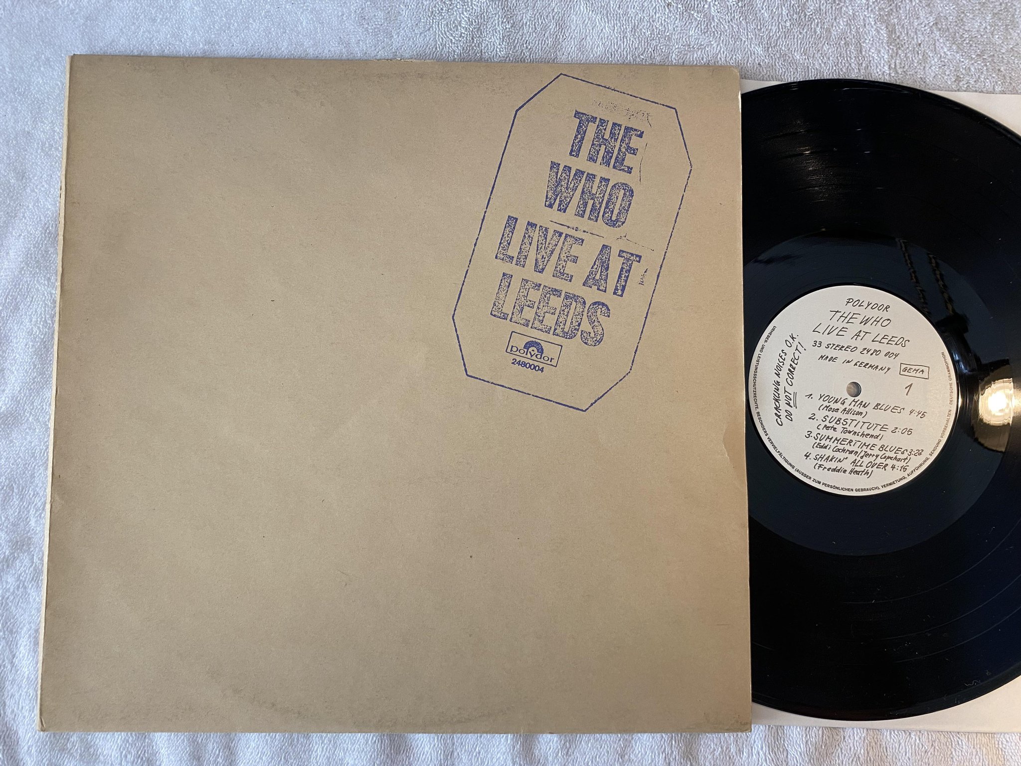 Omslagsbild för skivan THE WHO live at Leeds LP Ger POLYDOR 2480004 complete with inserts & poster