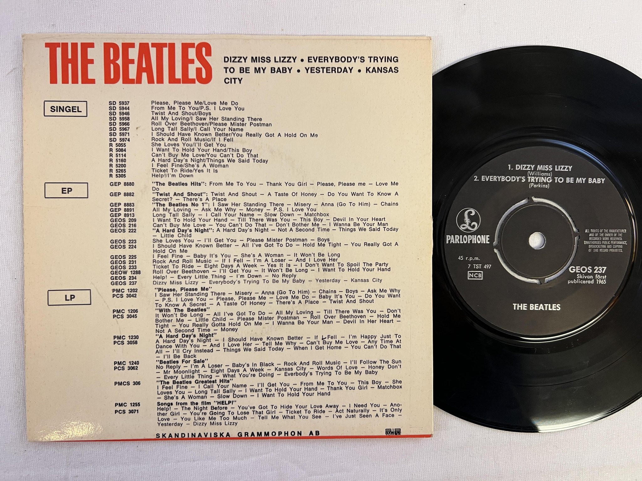 Omslagsbild för skivan THE BEATLES dizzy miss Lizzy 7"ep PARLOPHONE GEOS 237 "all rights"