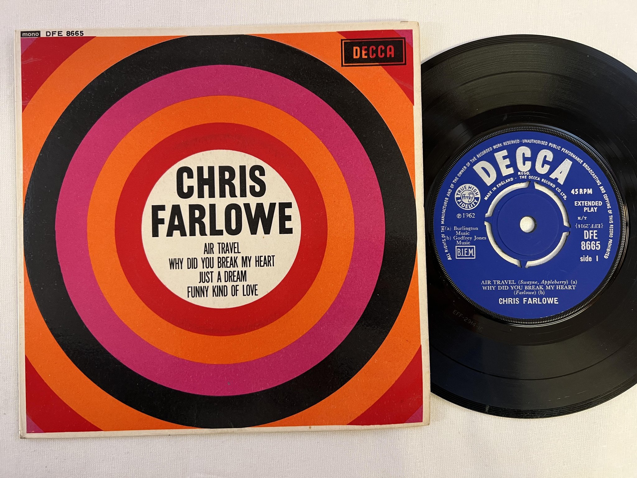 Omslagsbild för skivan CHRIS FARLOWE air travel 7"ep UK DECCA DFE 8665 ** rare **
