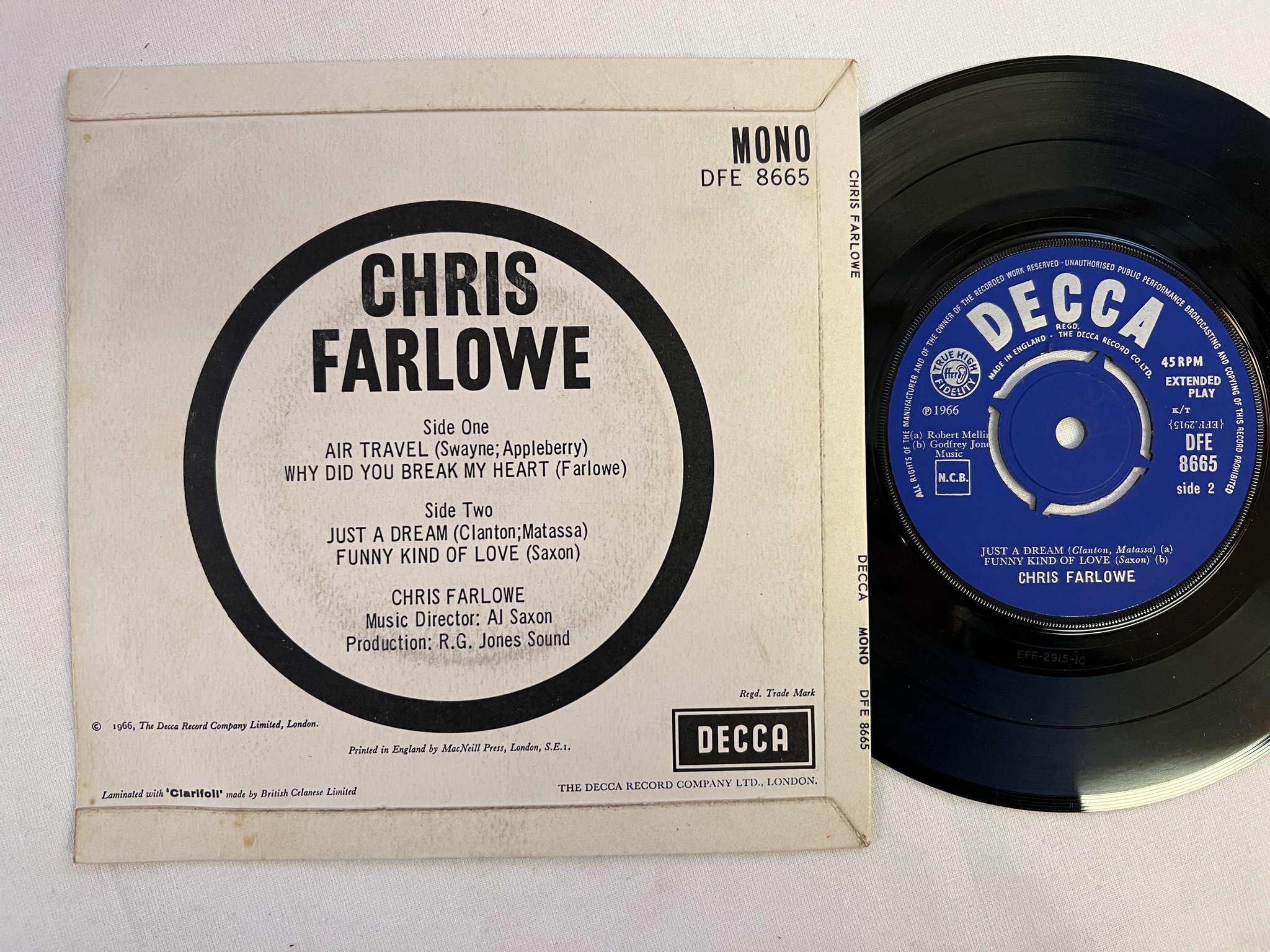Omslagsbild för skivan CHRIS FARLOWE air travel 7"ep UK DECCA DFE 8665 ** rare **