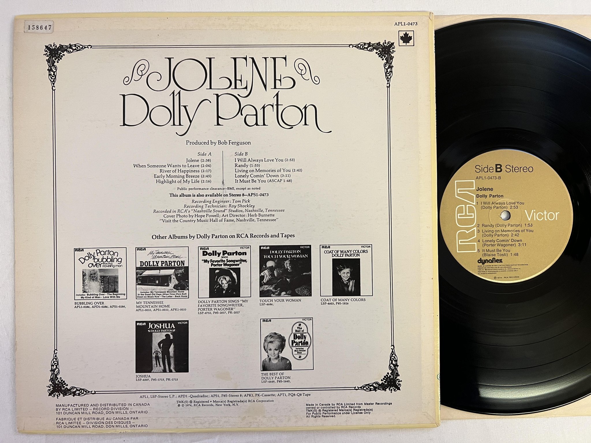 Omslagsbild för skivan DOLLY PARTON jolene LP -74 CAN RCA APL1-0473 *** classic ***