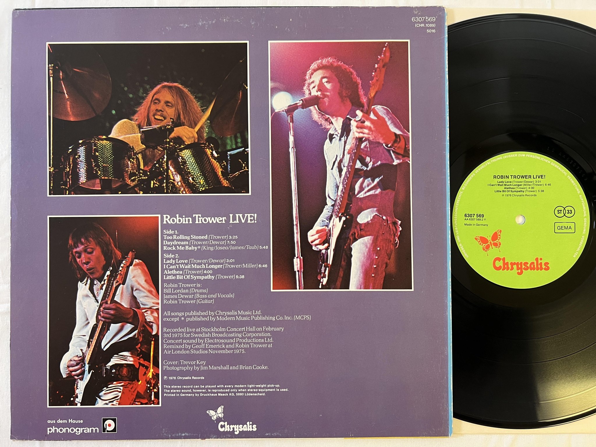 Omslagsbild för skivan ROBIN TROWER live! LP -76 Ger CHRYSALIS 6307 569