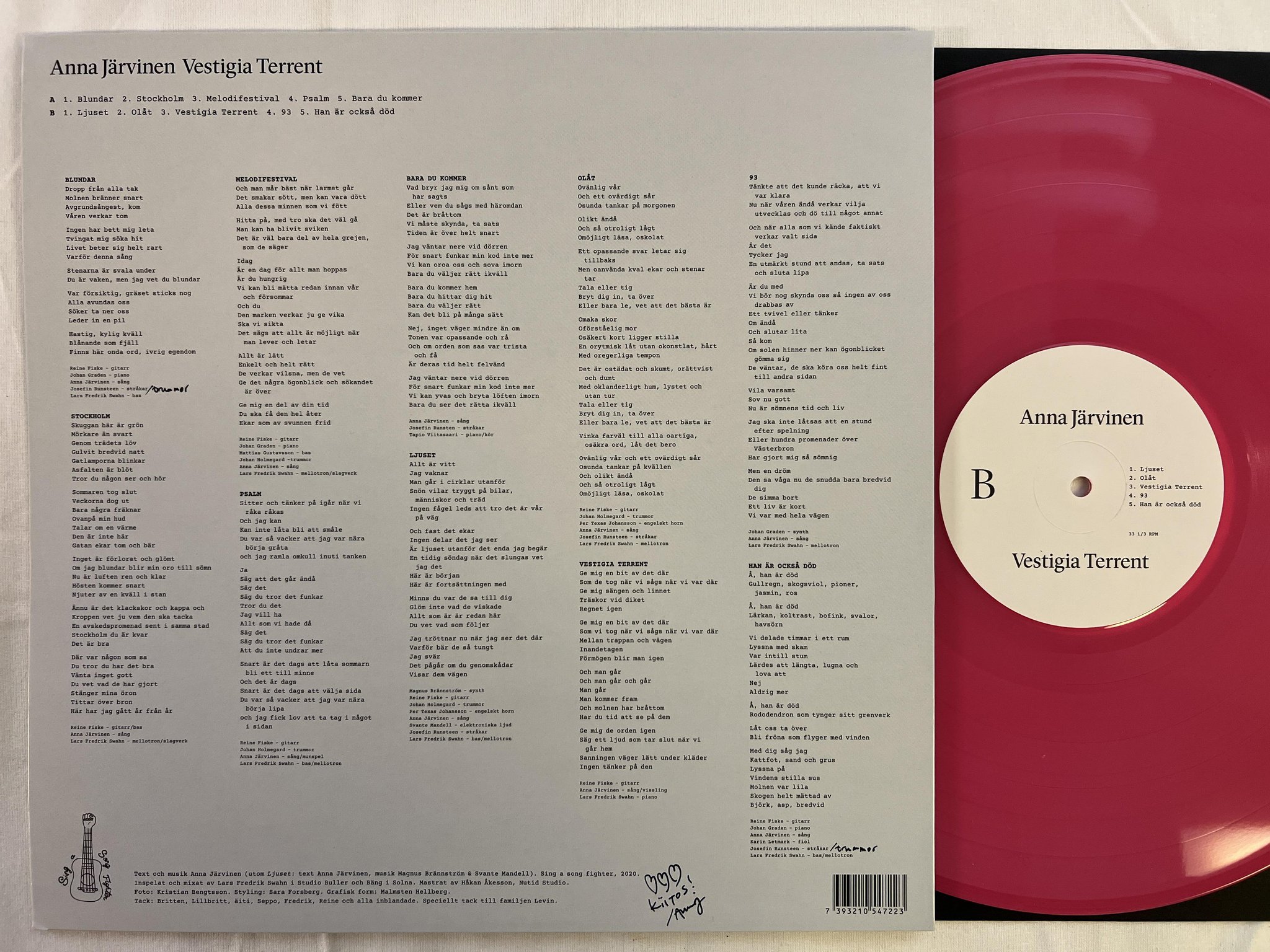 Omslagsbild för skivan ANNA JÄRVINEN Vestigia Terrent LP 2020 sing a song fighter SASF040 pink vinyl