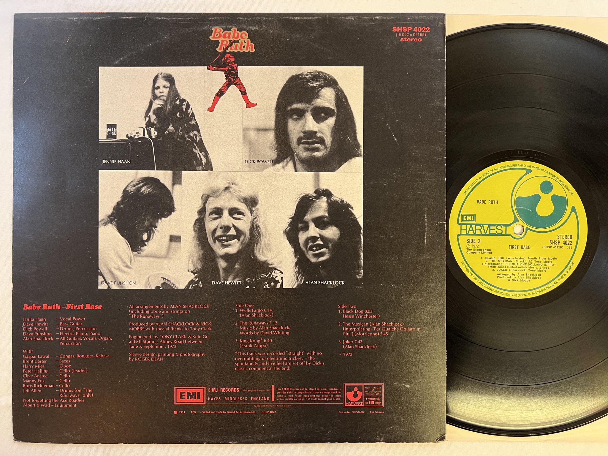 Omslagsbild för skivan BABE RUTH first base LP -72 UK HARVEST SHSP 4022 ** CLASSIC **