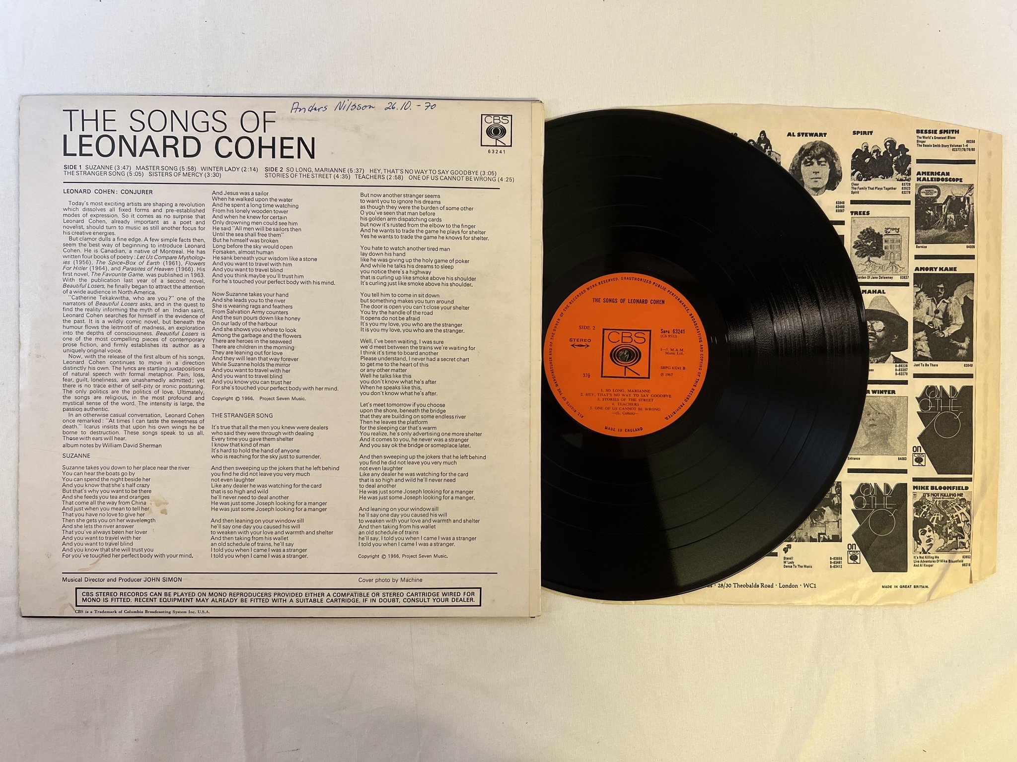 Omslagsbild för skivan LEONARD COHEN the songs of  LP -67 UK CBS SBPG 63241