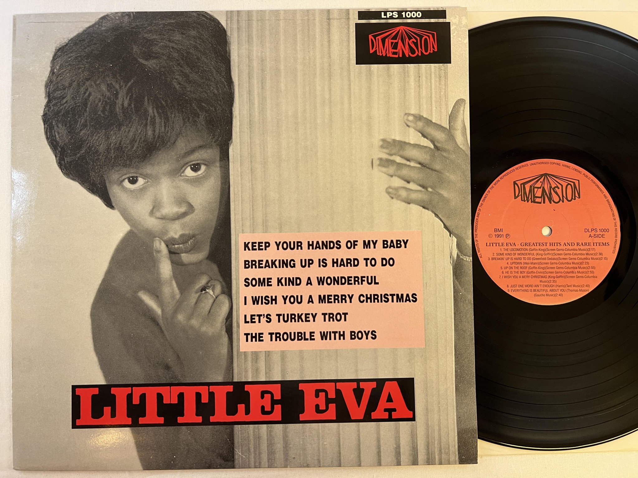 Omslagsbild för skivan LITTLE EVA greatest hits & rare items LP -91 US DIMENSION LPS 1000  