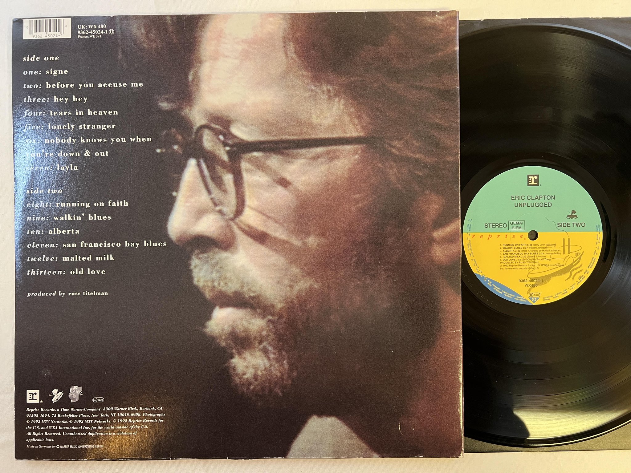 Omslagsbild för skivan ERIC CLAPTON Unplugged LP -92 Eu REPRISE 9362-45024-1