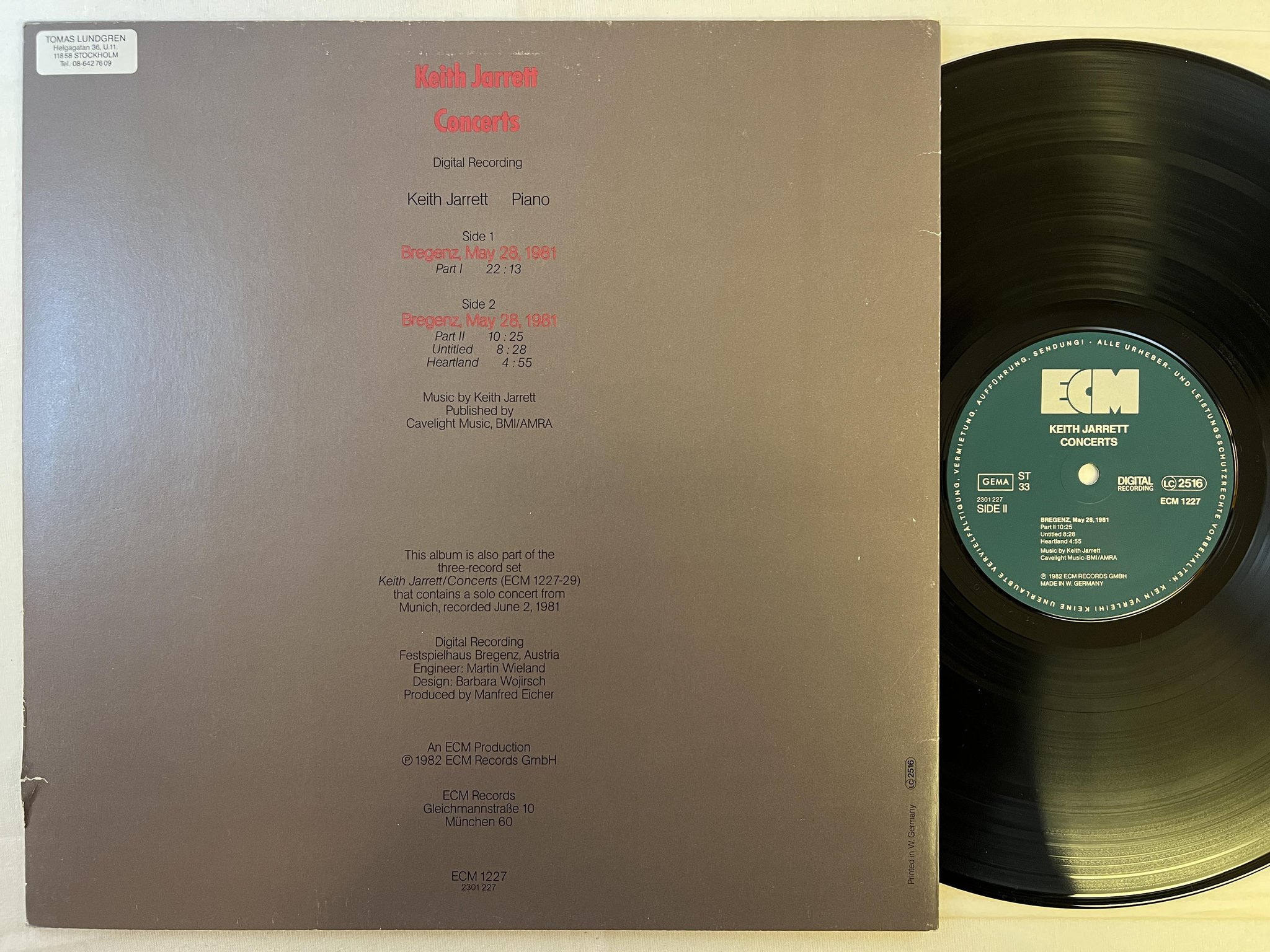 Omslagsbild för skivan KEITH JARRETT concerts LP -82 Ger ECM 1227