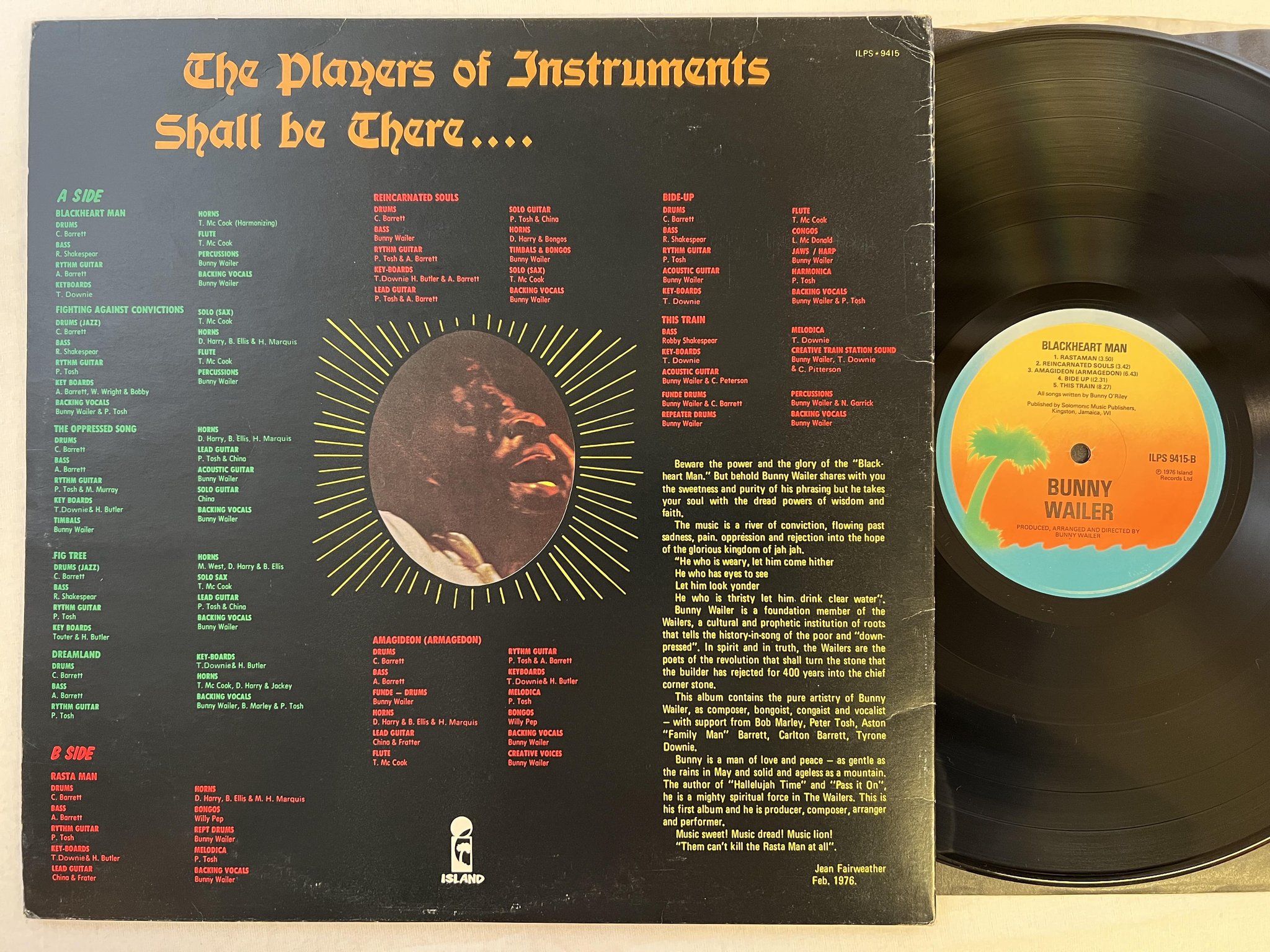 Omslagsbild för skivan BUNNY WAILER blackheart man LP -76 UK ISLAND ILPS 9415