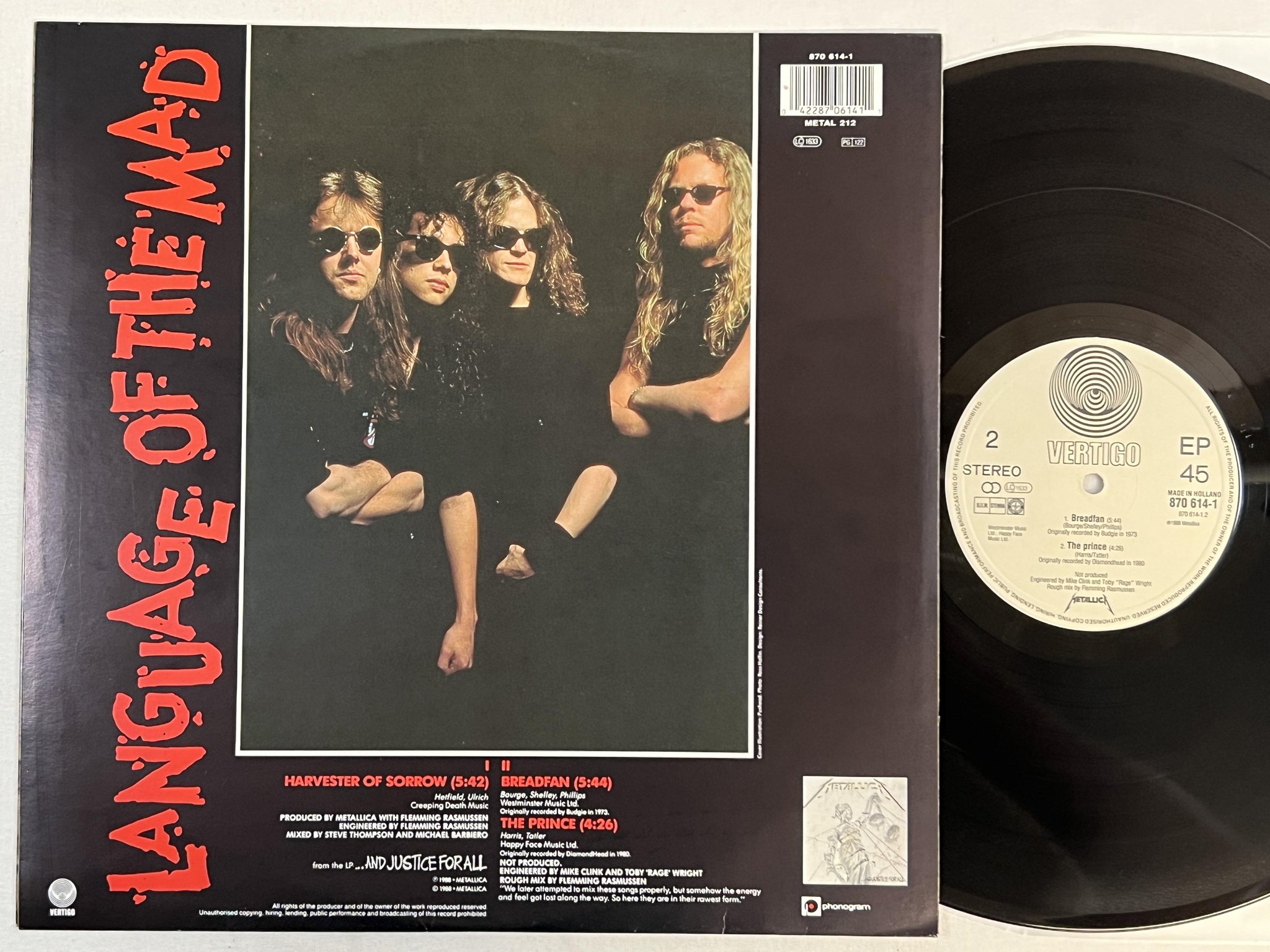 Omslagsbild för skivan METALLICA Harvester Of Sorro 12"ep -88 VERTIGO 870 614-1 ** METAL **